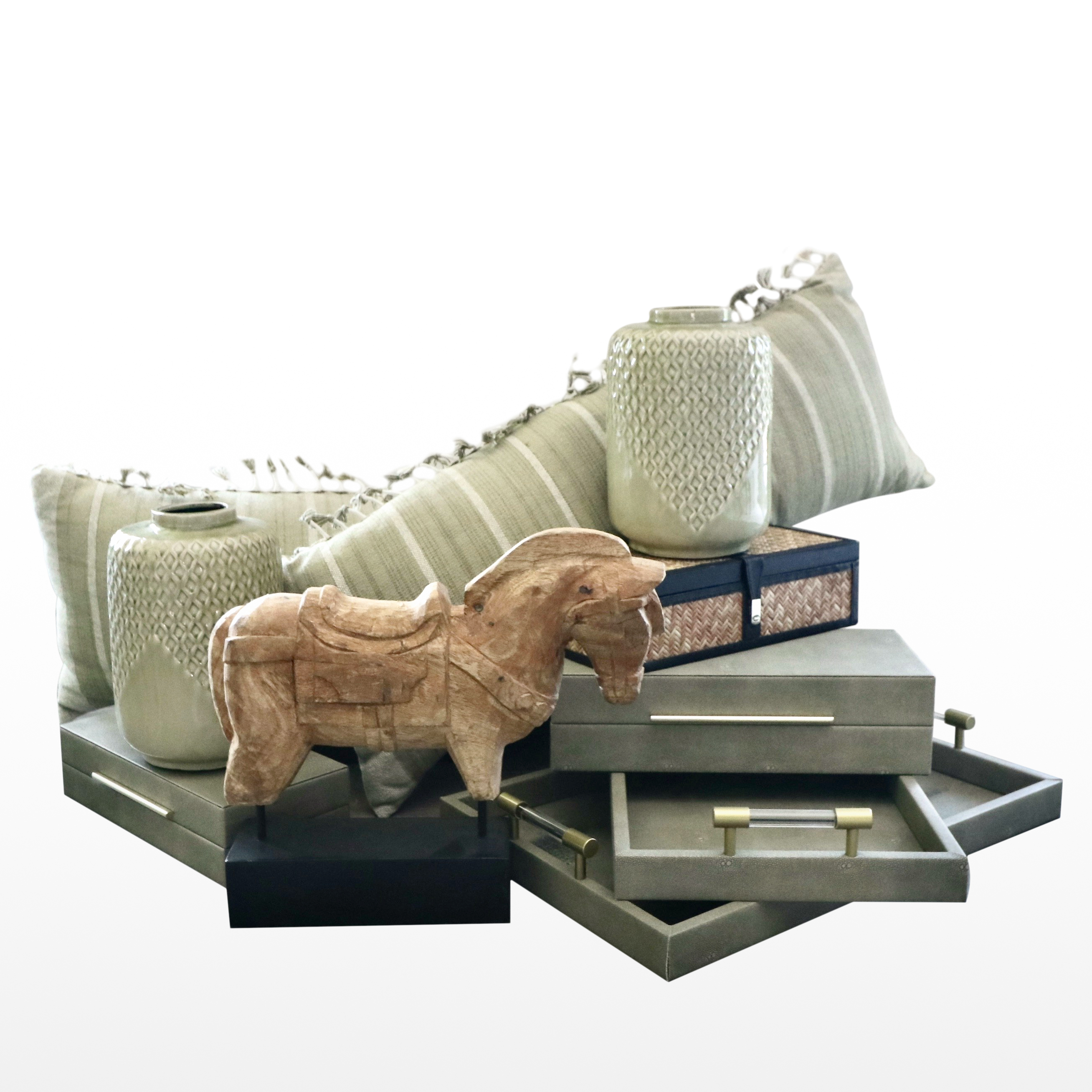 Trojan Wood Horse on Plinth, Faux Shagreen Trays and Boxes, and Accent Pillows