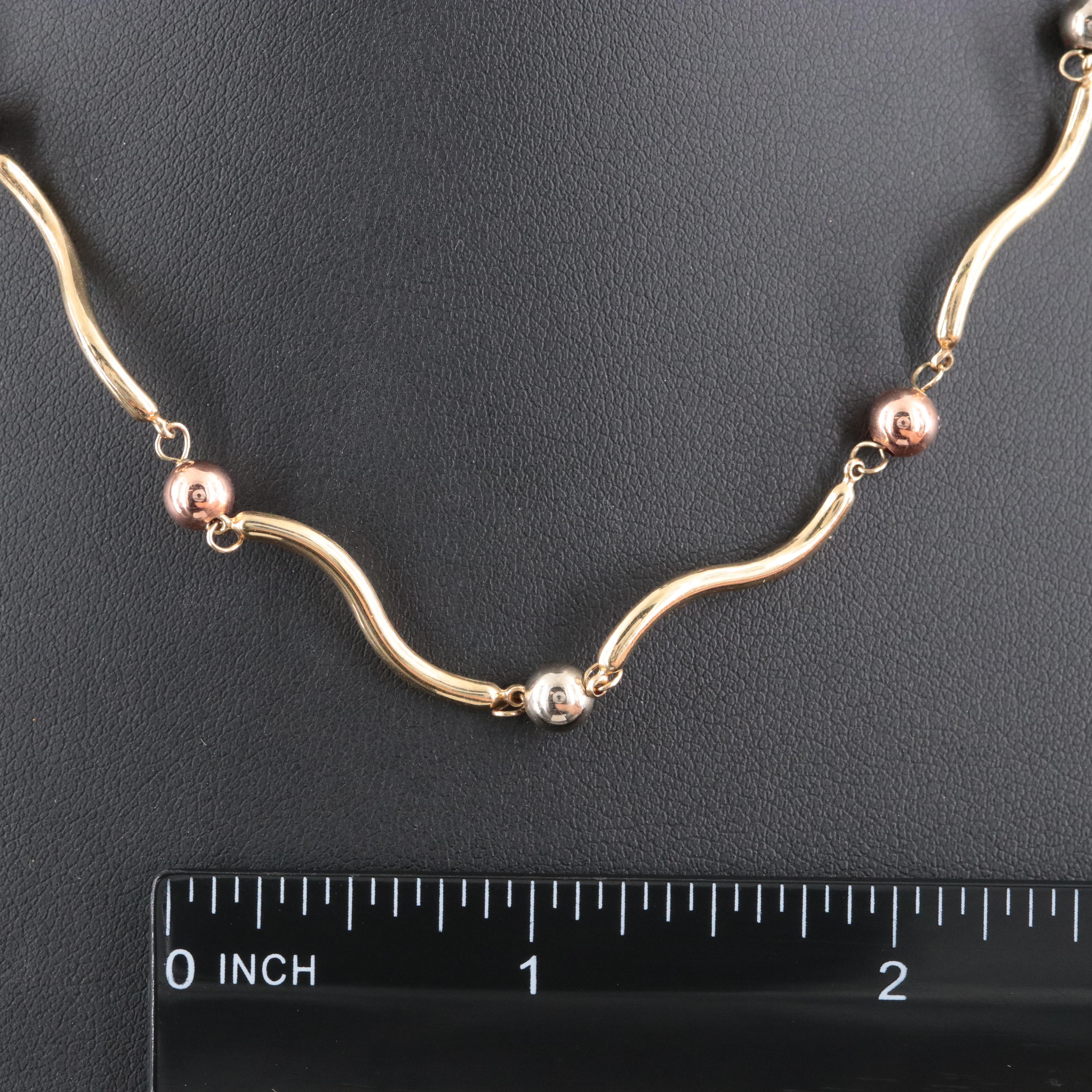 10K Tri-Color Curved Bar and Bead Chain Necklace