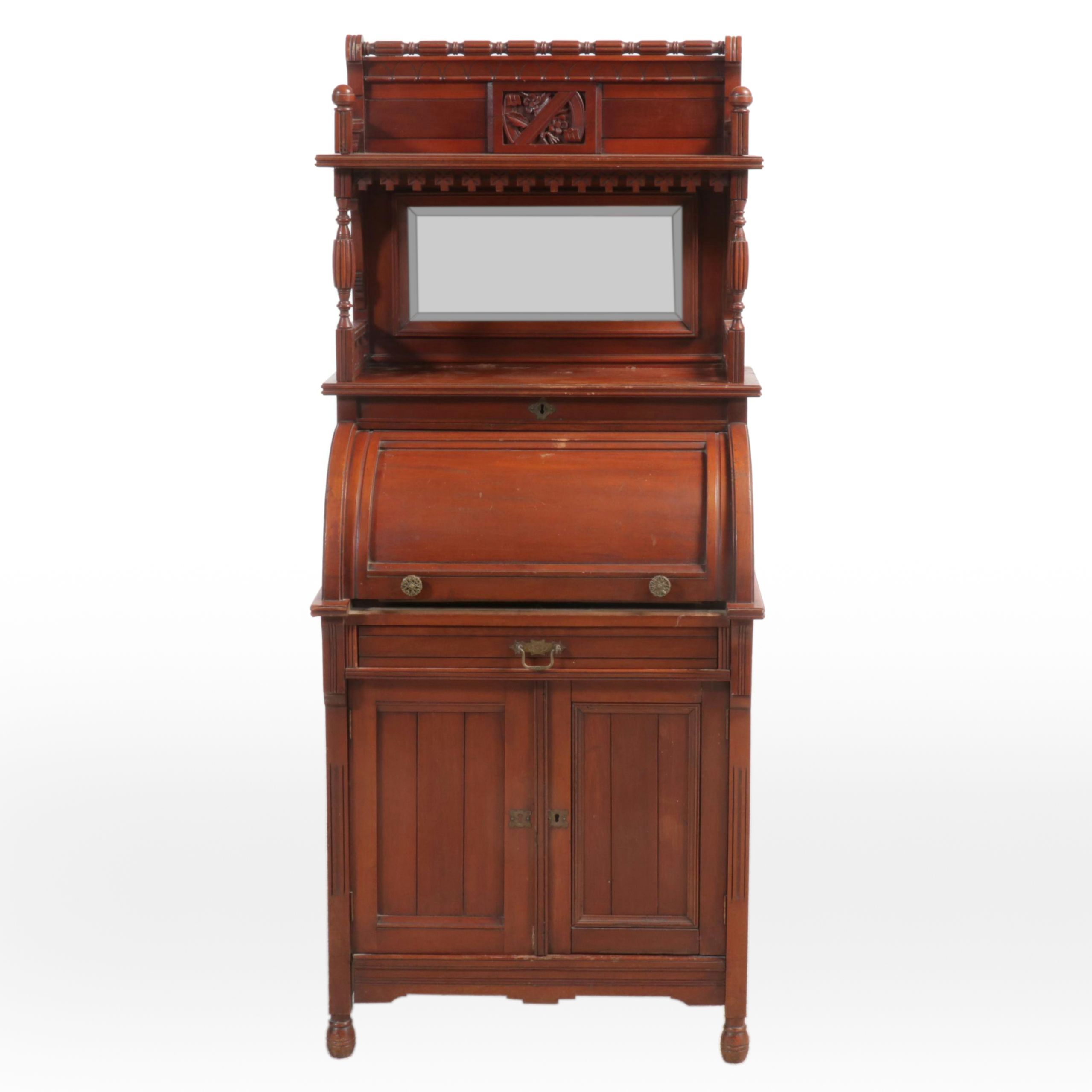 Victorian Eastlake Mahogany Cylinder Roll-Top Desk, Late 19th/Early 20th C.