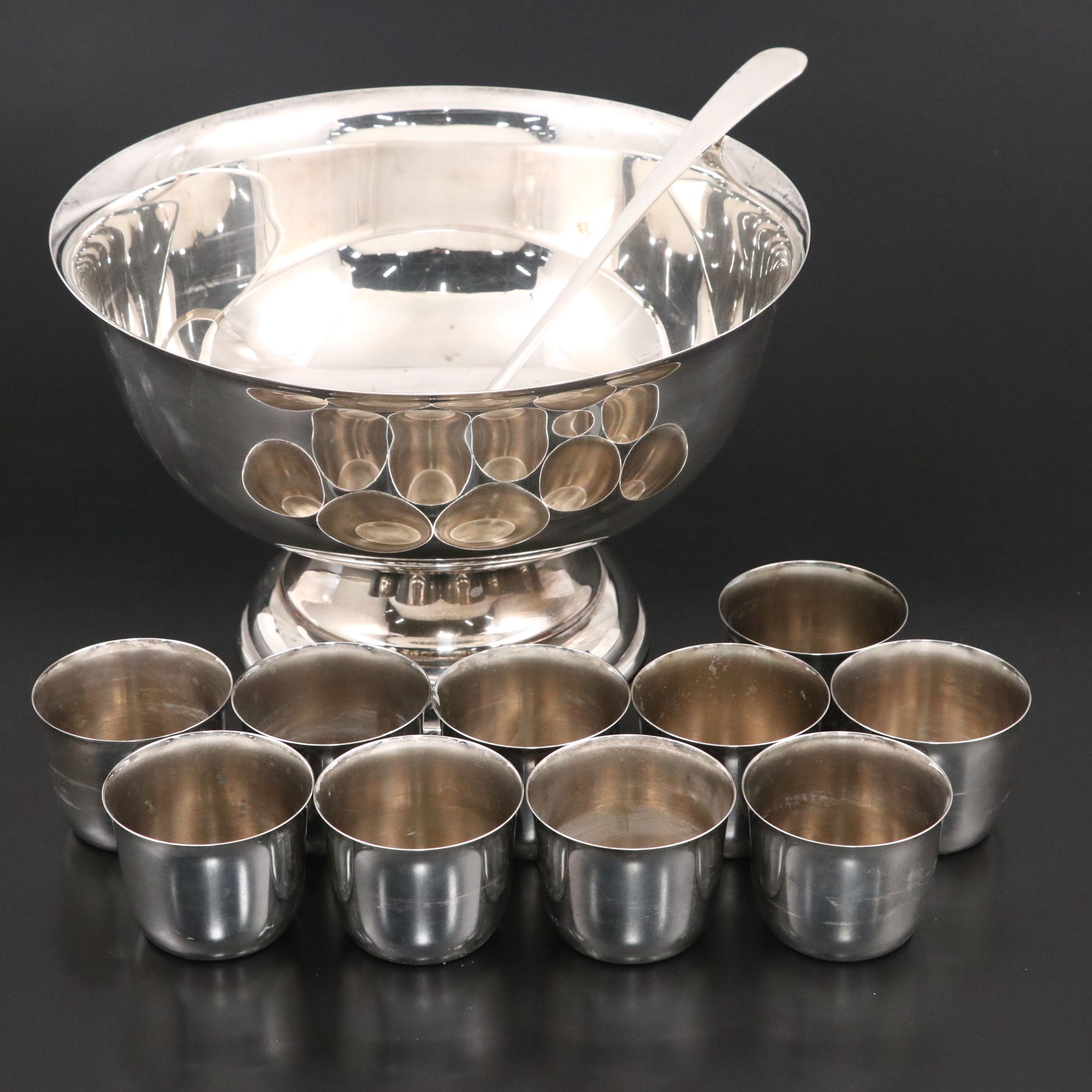 Sheridan Silver Plate Punch Bowl on Pedestal Base with Cups and Ladle