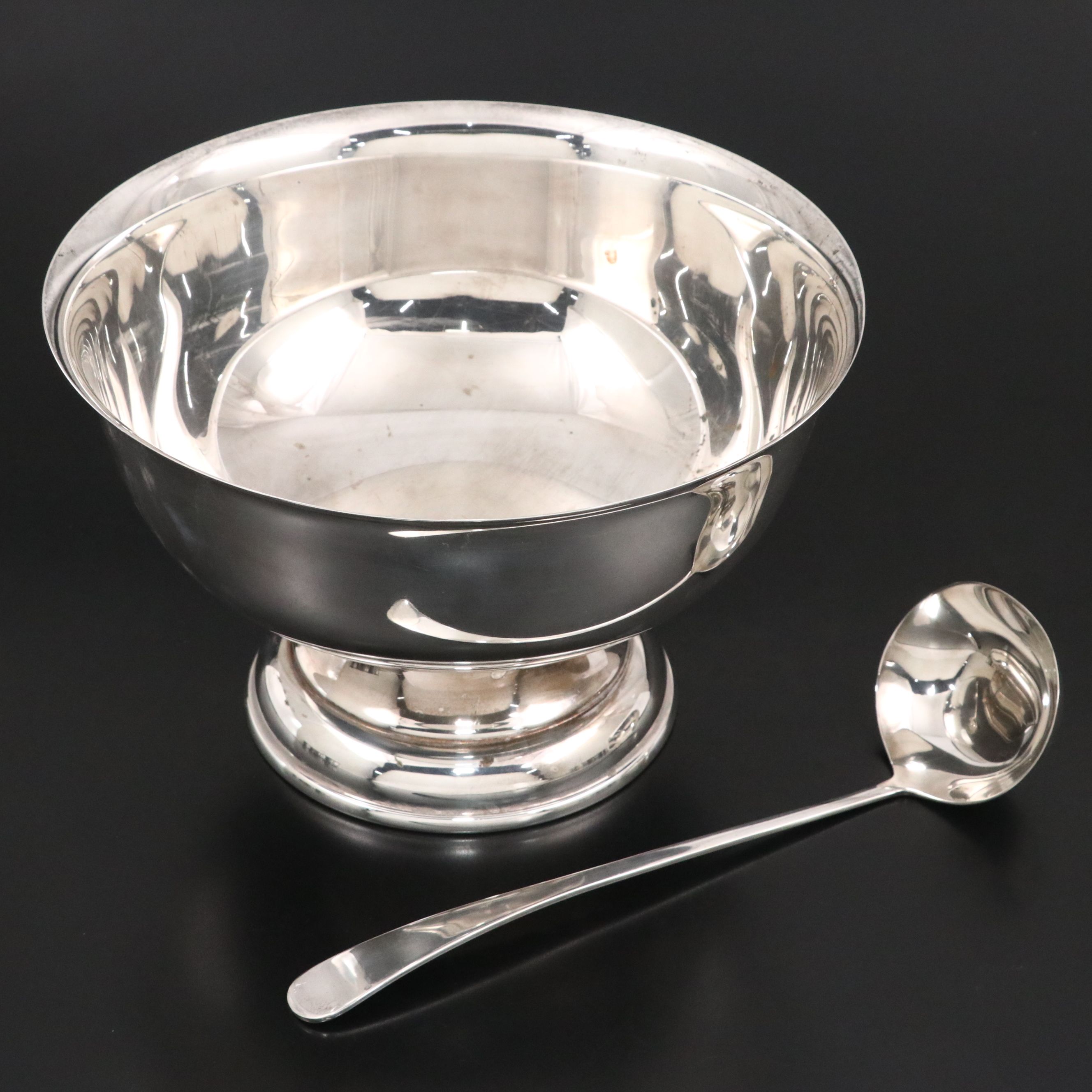 Sheridan Silver Plate Punch Bowl on Pedestal Base with Cups and Ladle