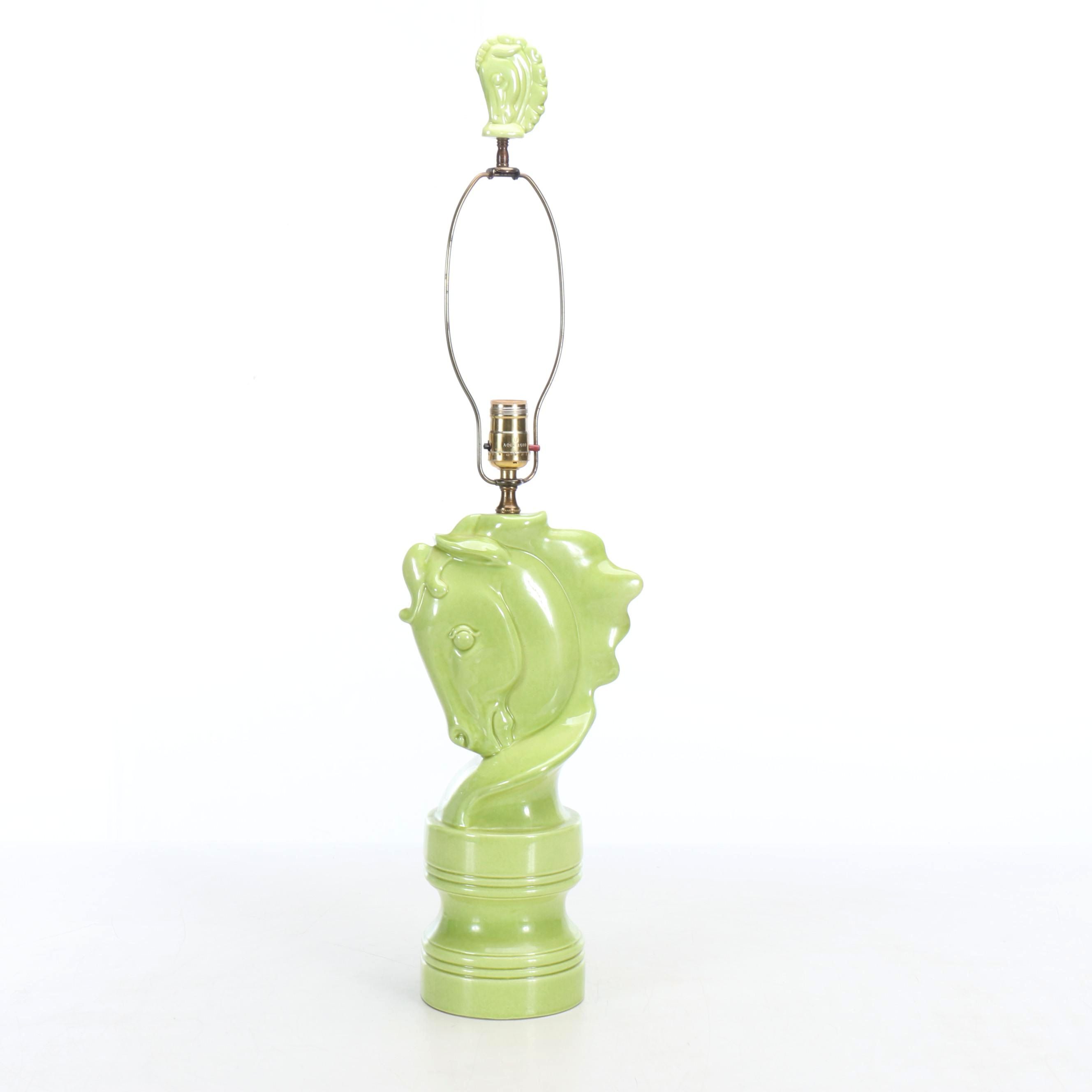 Mid Century Modern Stallion Head Chartreuse Ceramic Table Lamp, Vintage