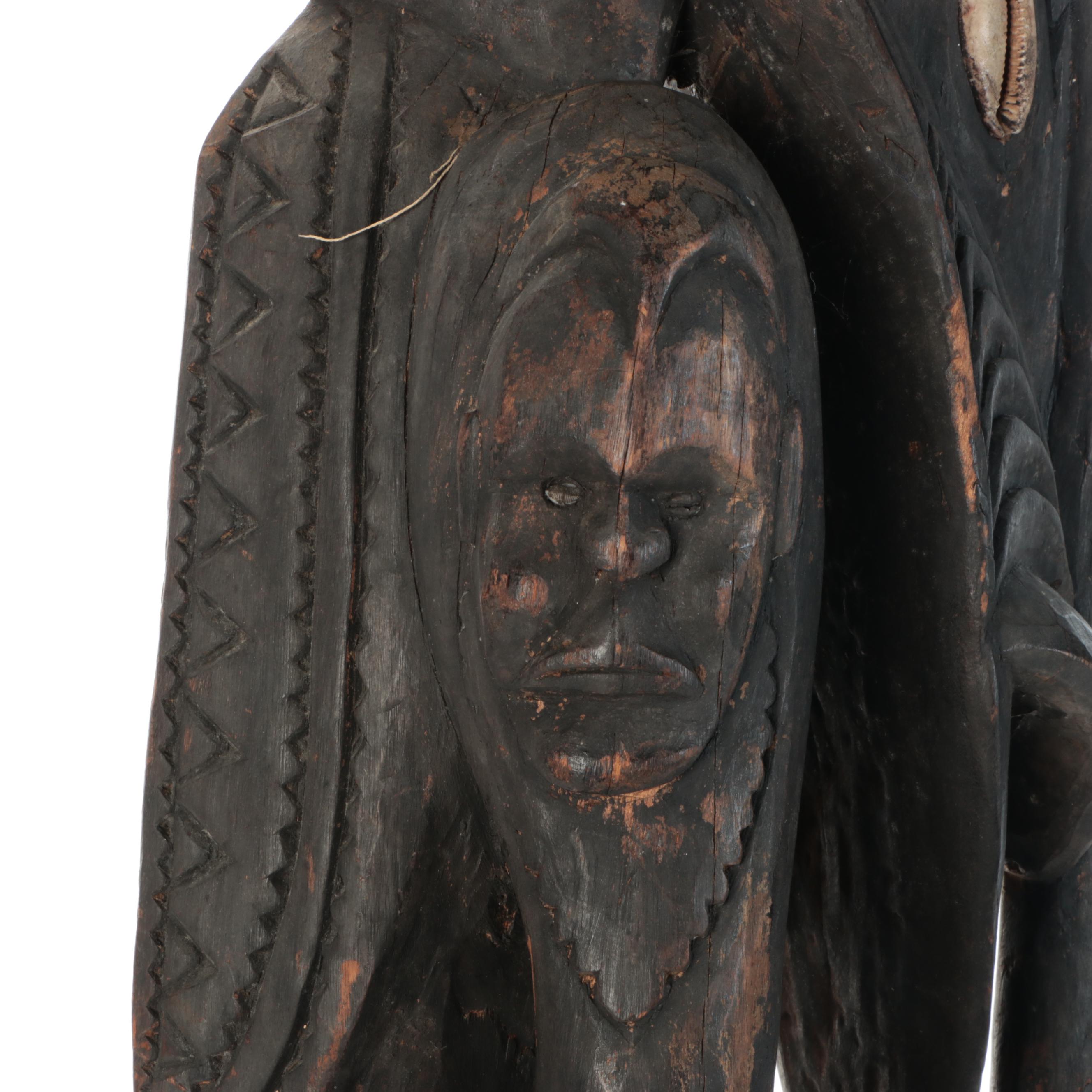 PNG Timber Totem Monitor Lizard with Catfish, Turtle and Spirit Masks Sculpture