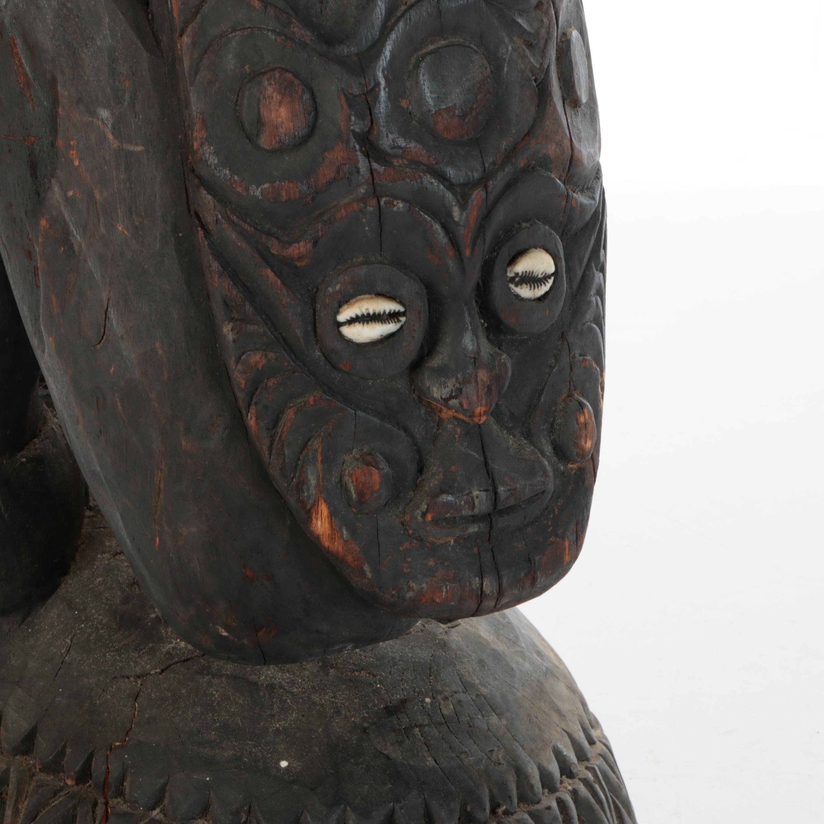 PNG Timber Totem Monitor Lizard with Catfish, Turtle and Spirit Masks Sculpture