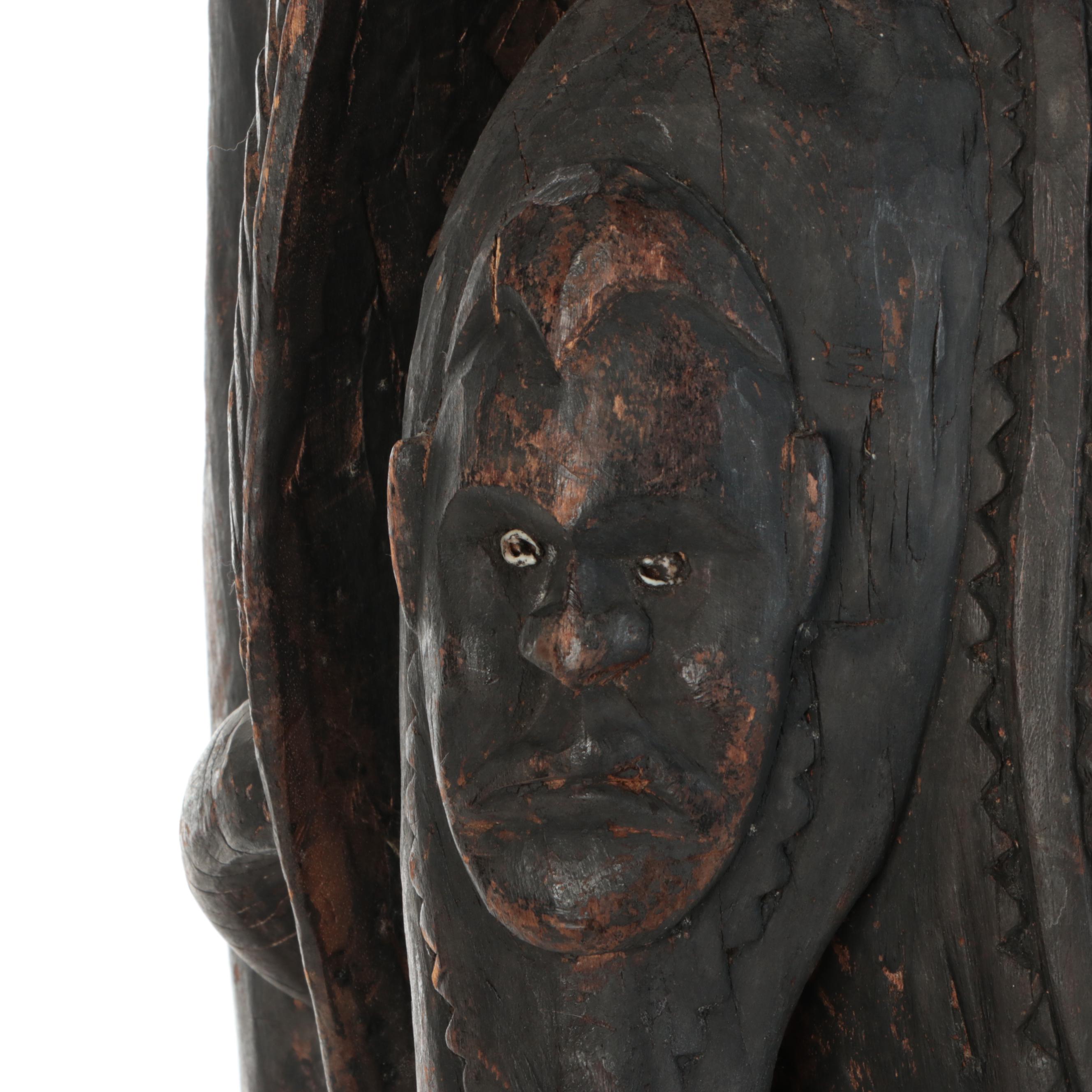 PNG Timber Totem Monitor Lizard with Catfish, Turtle and Spirit Masks Sculpture