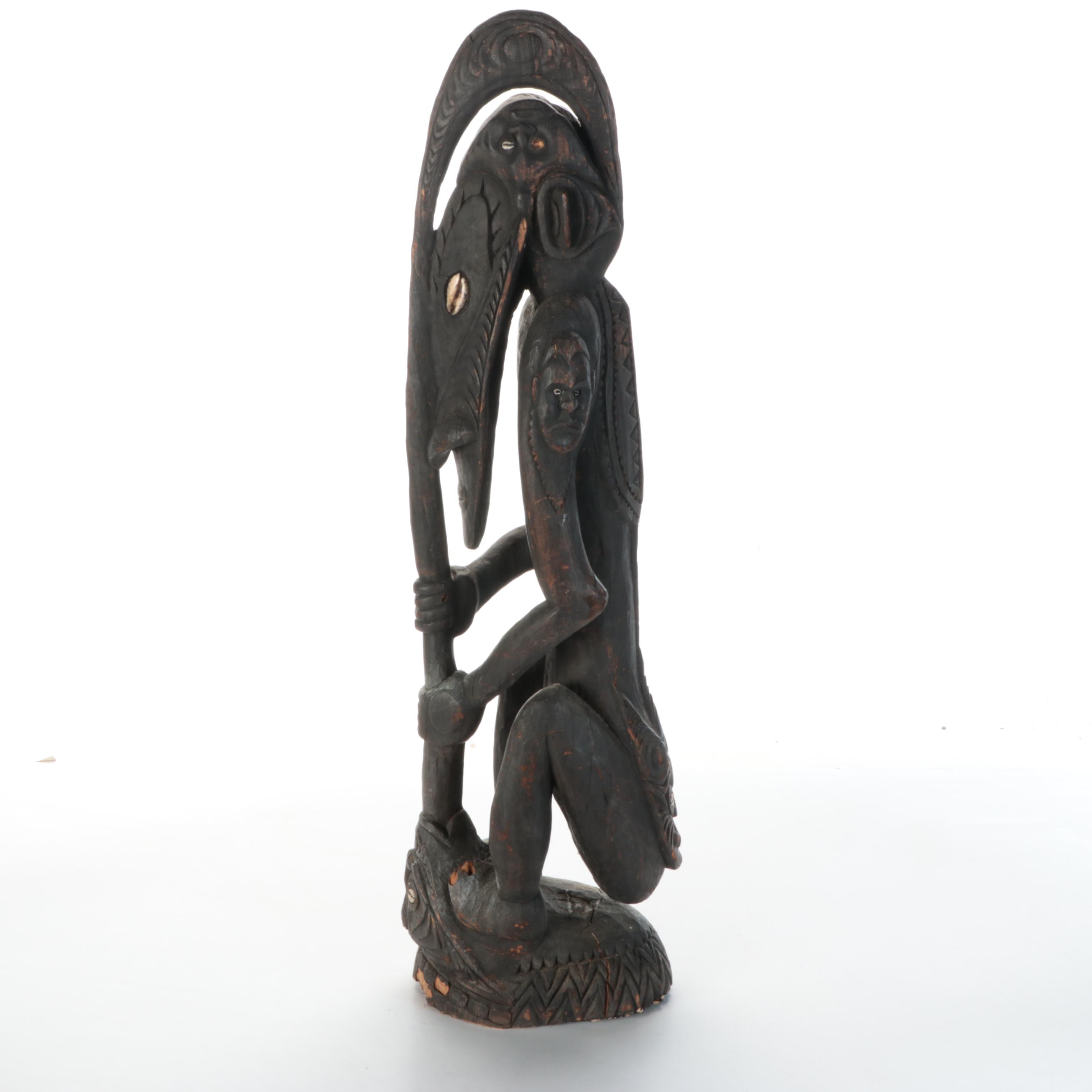 PNG Timber Totem Monitor Lizard with Catfish, Turtle and Spirit Masks Sculpture