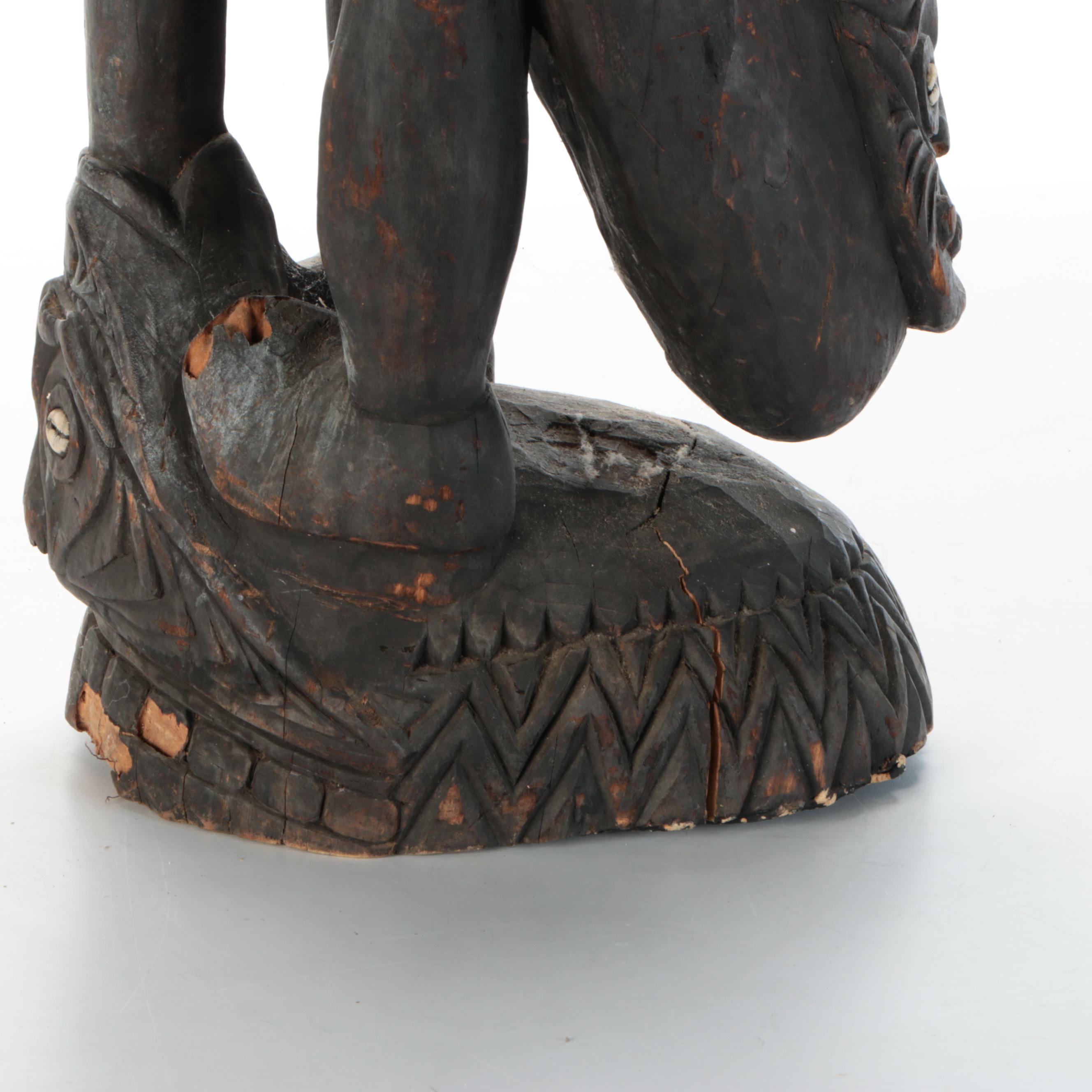 PNG Timber Totem Monitor Lizard with Catfish, Turtle and Spirit Masks Sculpture