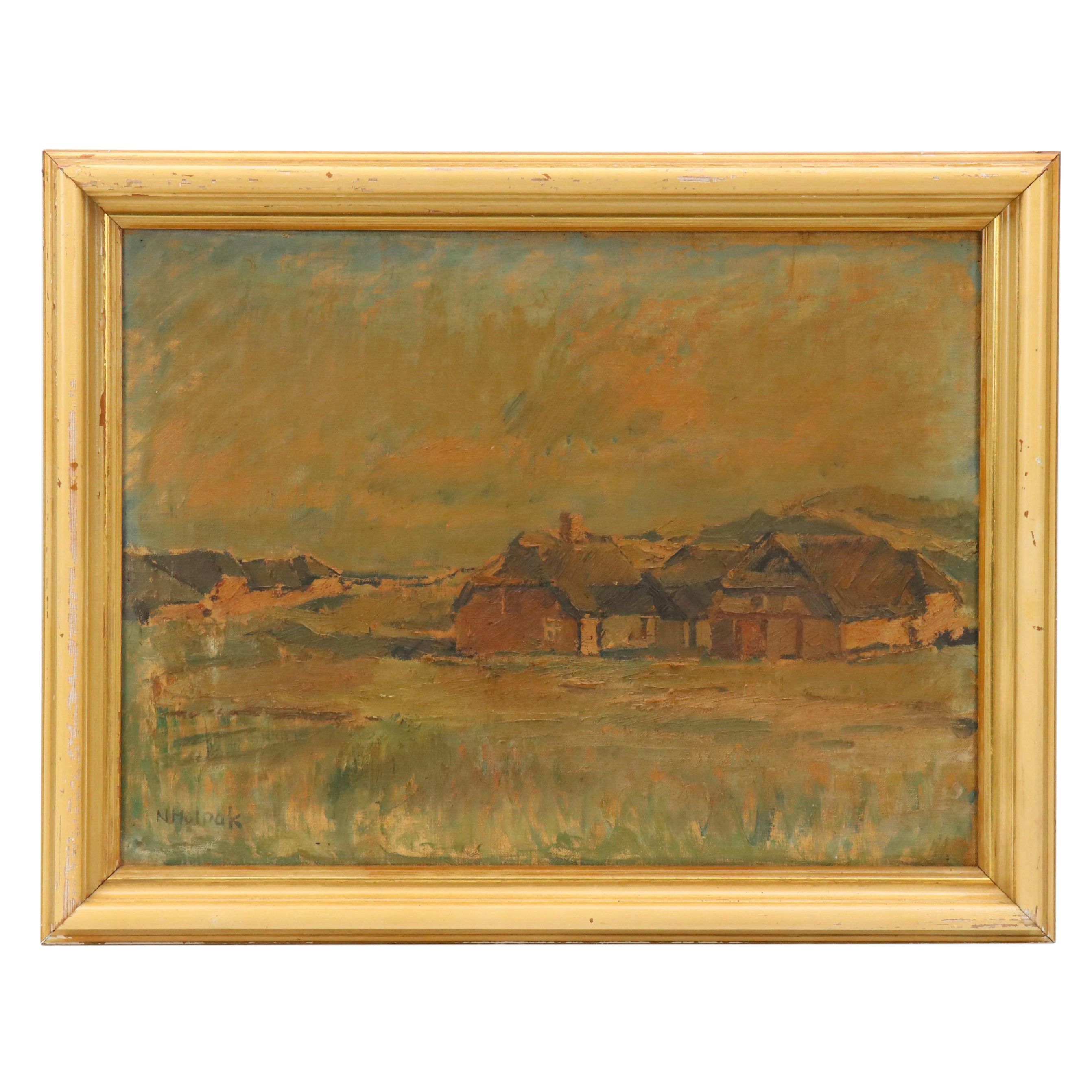 Village Landscape Oil Painting, Circa 1950