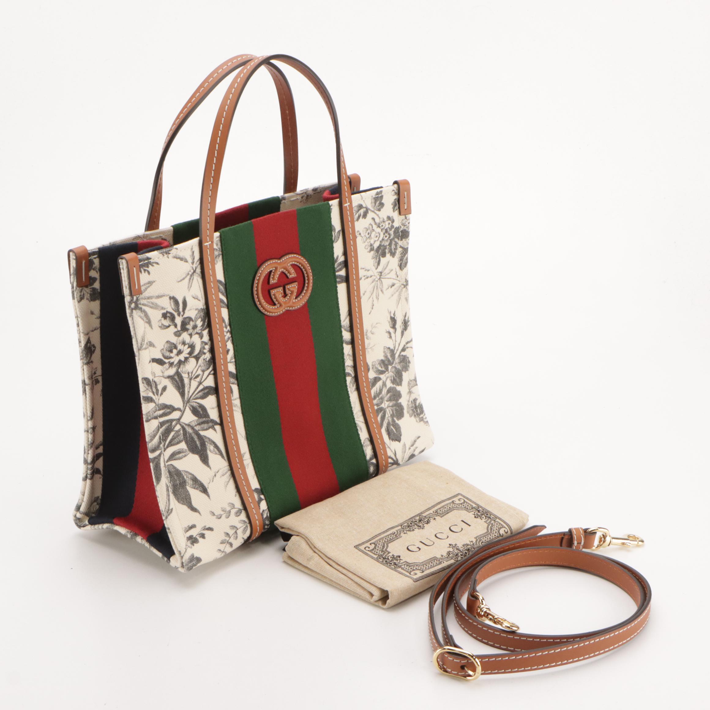 Gucci Japan Exclusive Interlocking G Web Stripe Tote in Floral Canvas & Leather