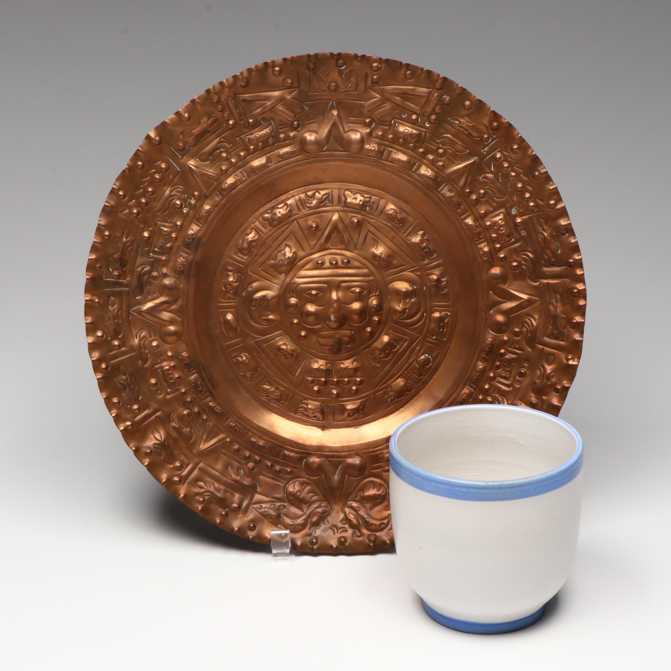 Paul Bogatay Art Deco Style Pottery Pot with Mexican Copper Aztec Sun Calendar