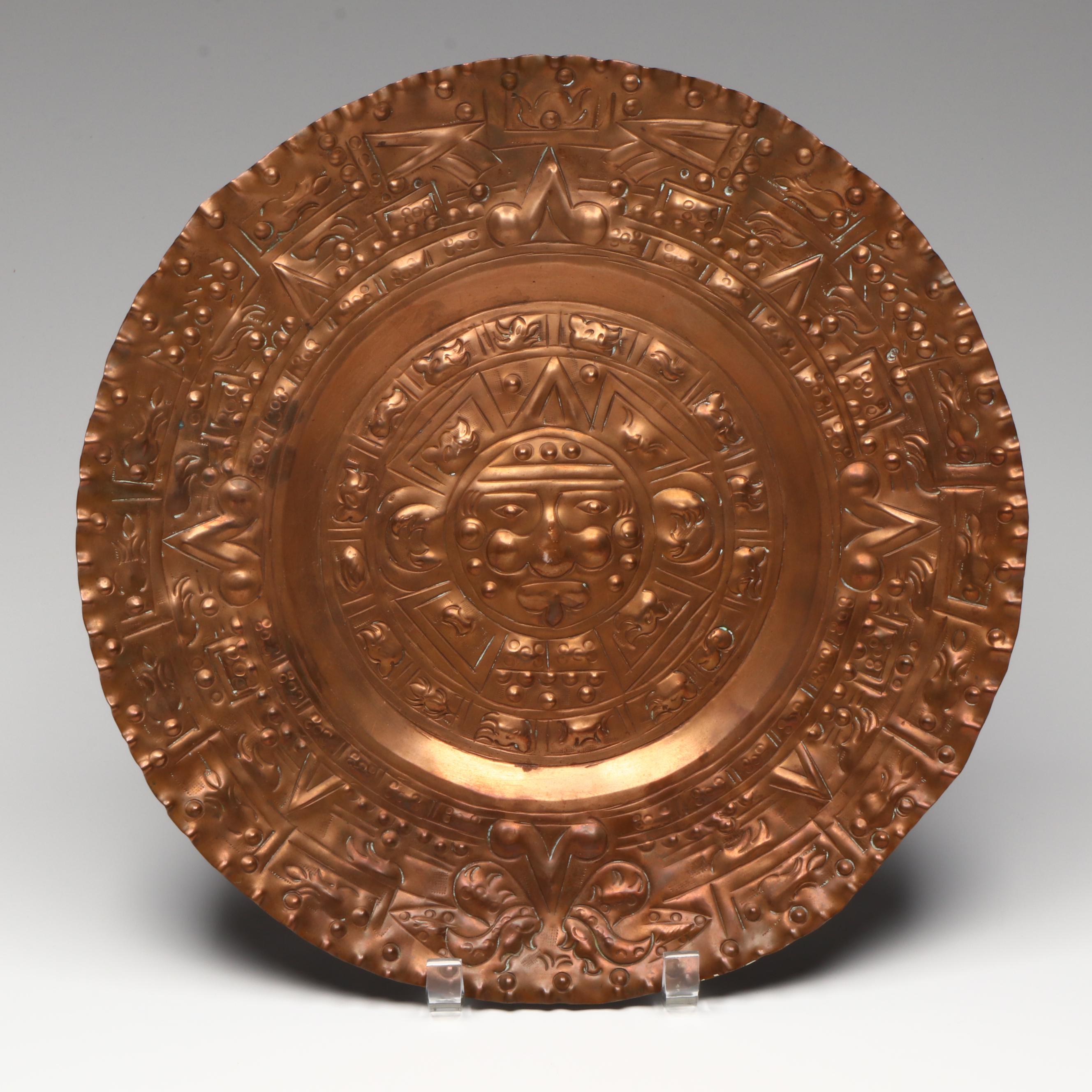 Paul Bogatay Art Deco Style Pottery Pot with Mexican Copper Aztec Sun Calendar