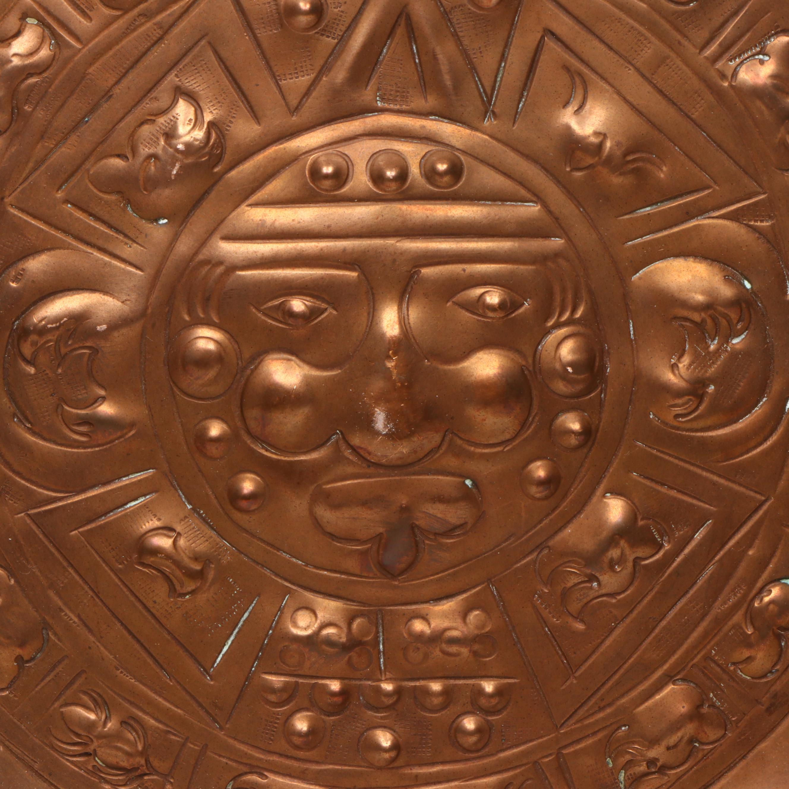 Paul Bogatay Art Deco Style Pottery Pot with Mexican Copper Aztec Sun Calendar