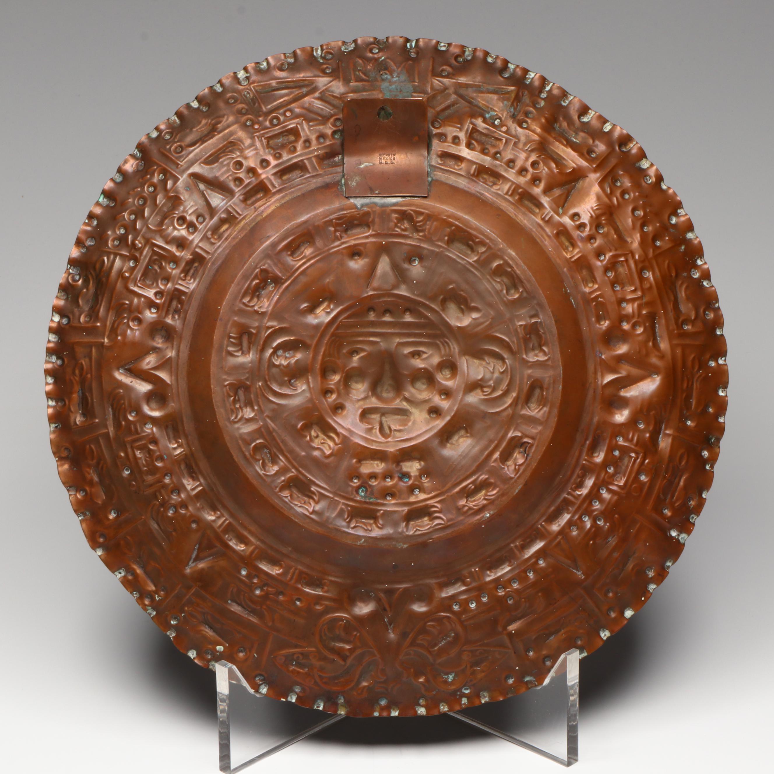 Paul Bogatay Art Deco Style Pottery Pot with Mexican Copper Aztec Sun Calendar