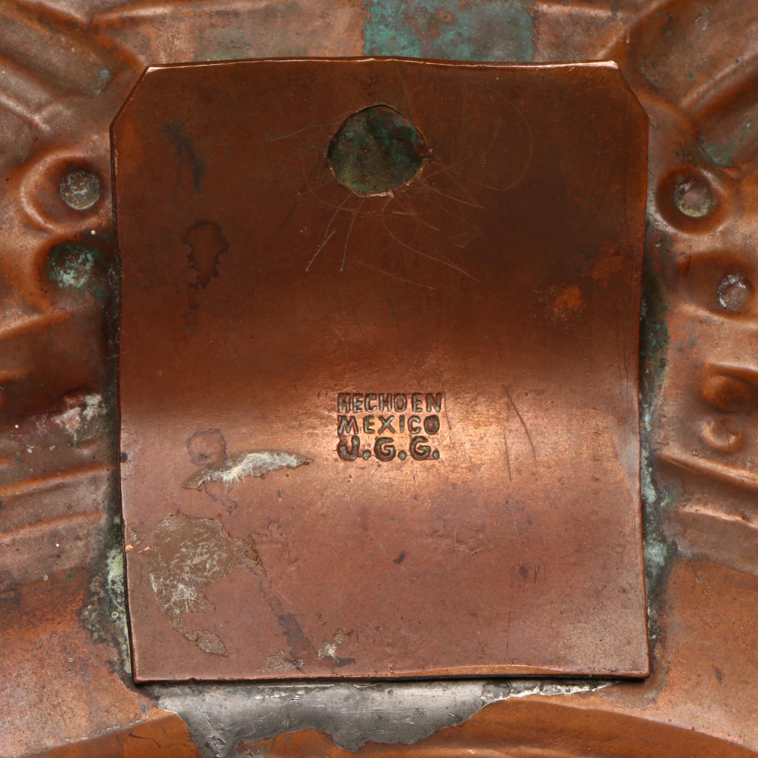 Paul Bogatay Art Deco Style Pottery Pot with Mexican Copper Aztec Sun Calendar