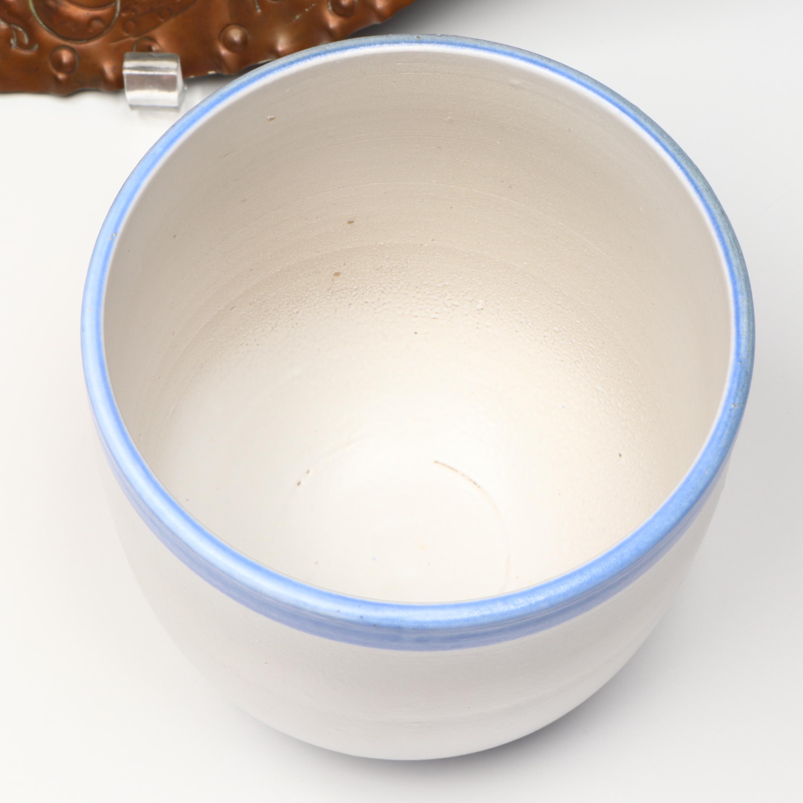 Paul Bogatay Art Deco Style Pottery Pot with Mexican Copper Aztec Sun Calendar