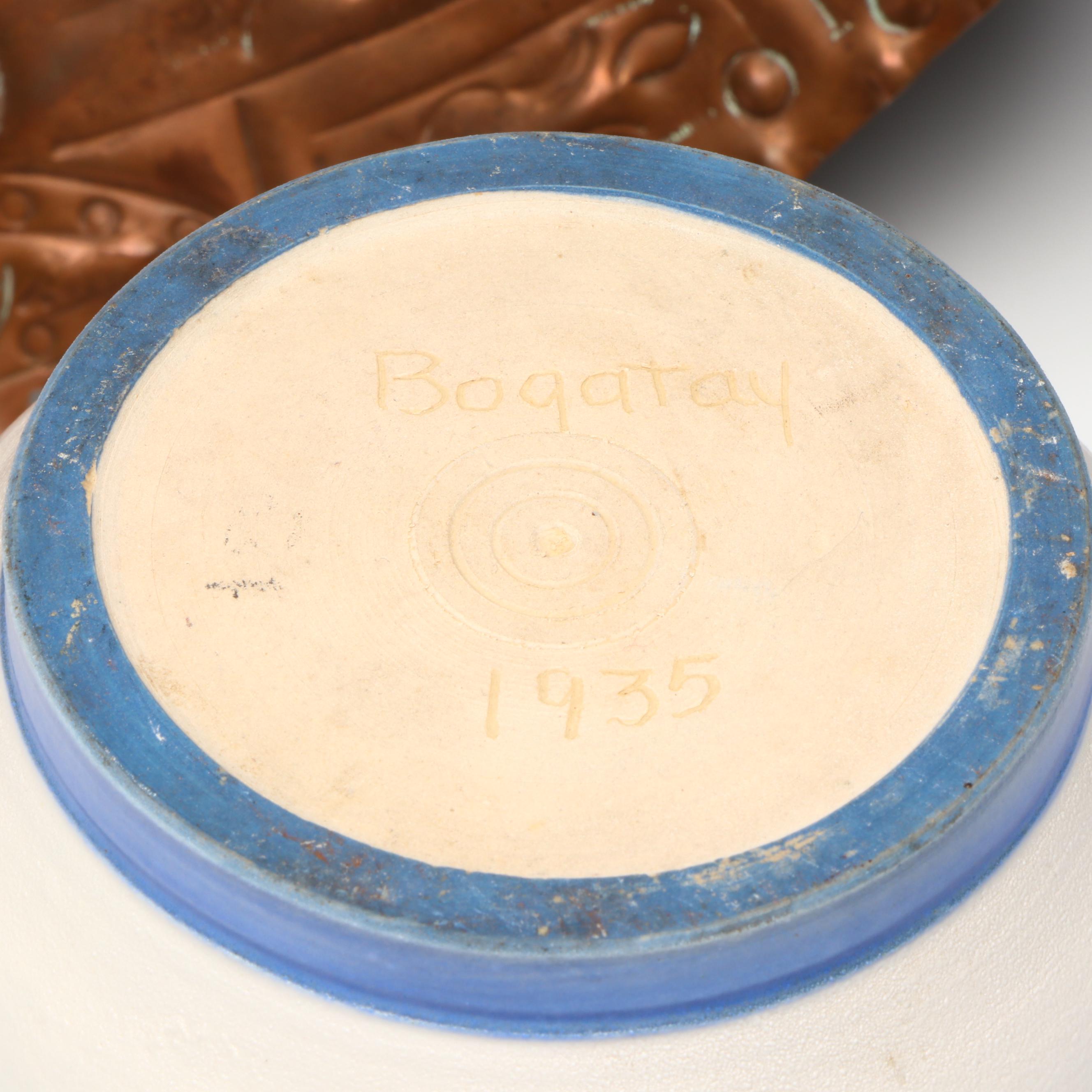 Paul Bogatay Art Deco Style Pottery Pot with Mexican Copper Aztec Sun Calendar