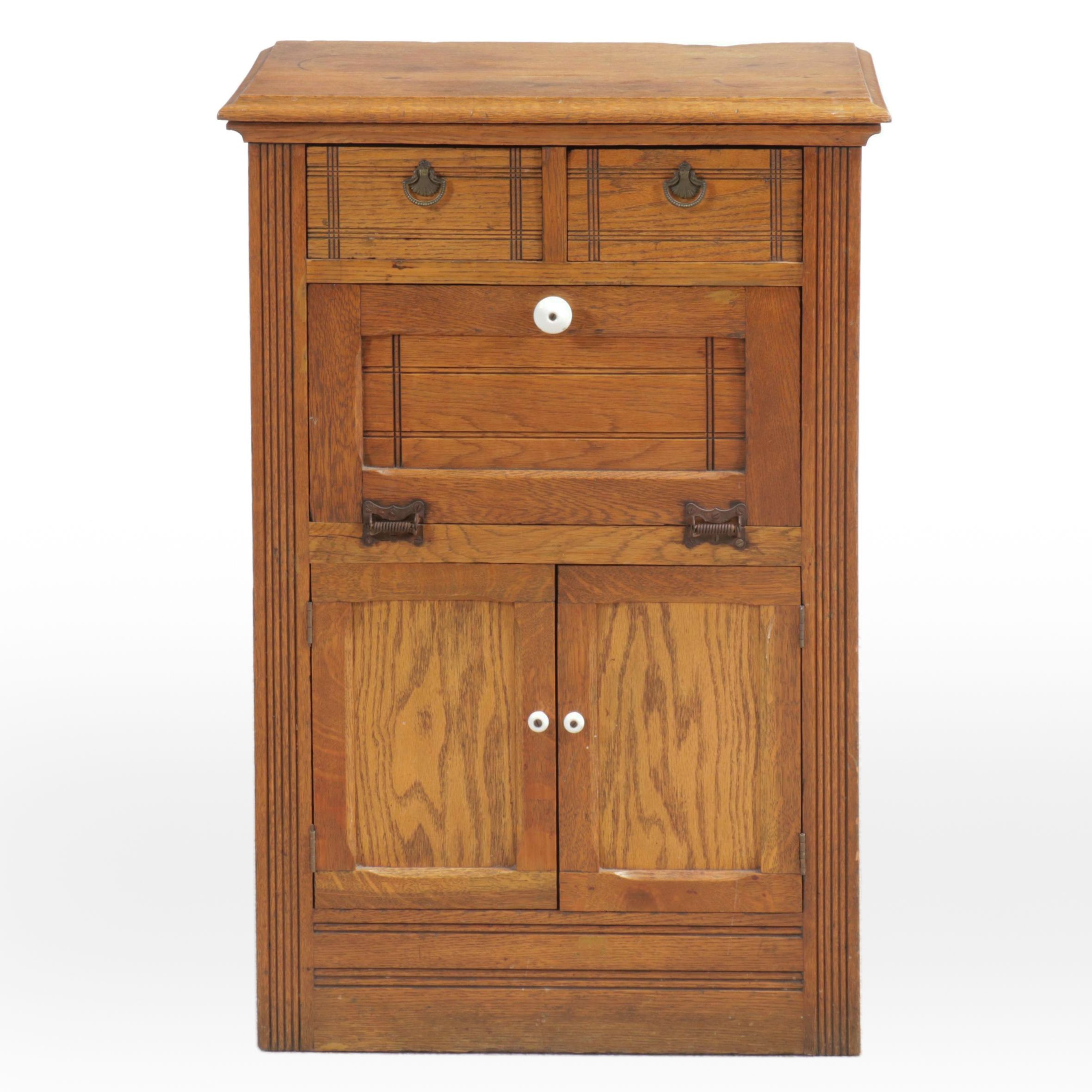 Victorian Eastlake Oak Drop-Front Cabinet, Late 19th/Early 20th Century