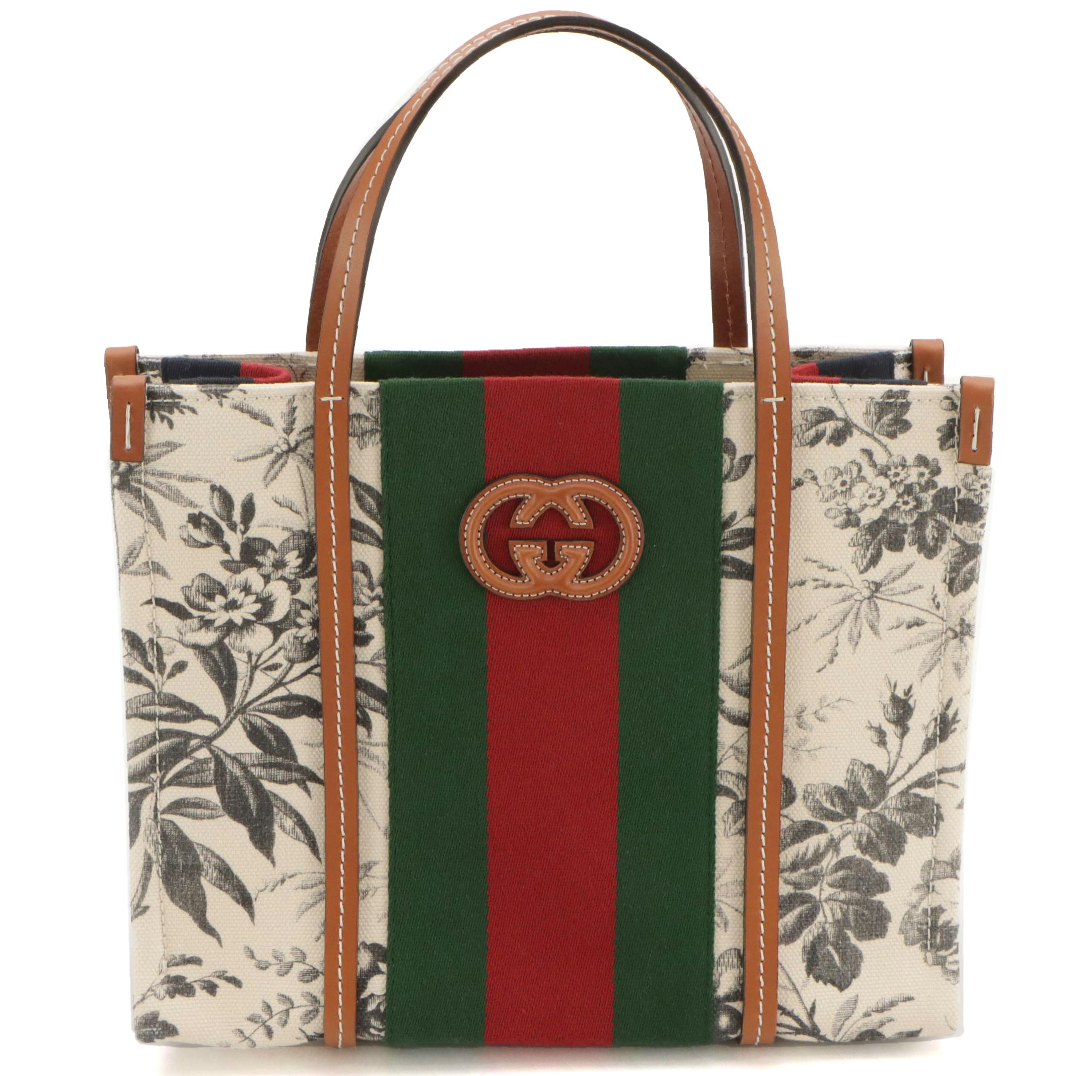 Gucci Japan Exclusive Interlocking G Web Stripe Tote in Floral Canvas & Leather