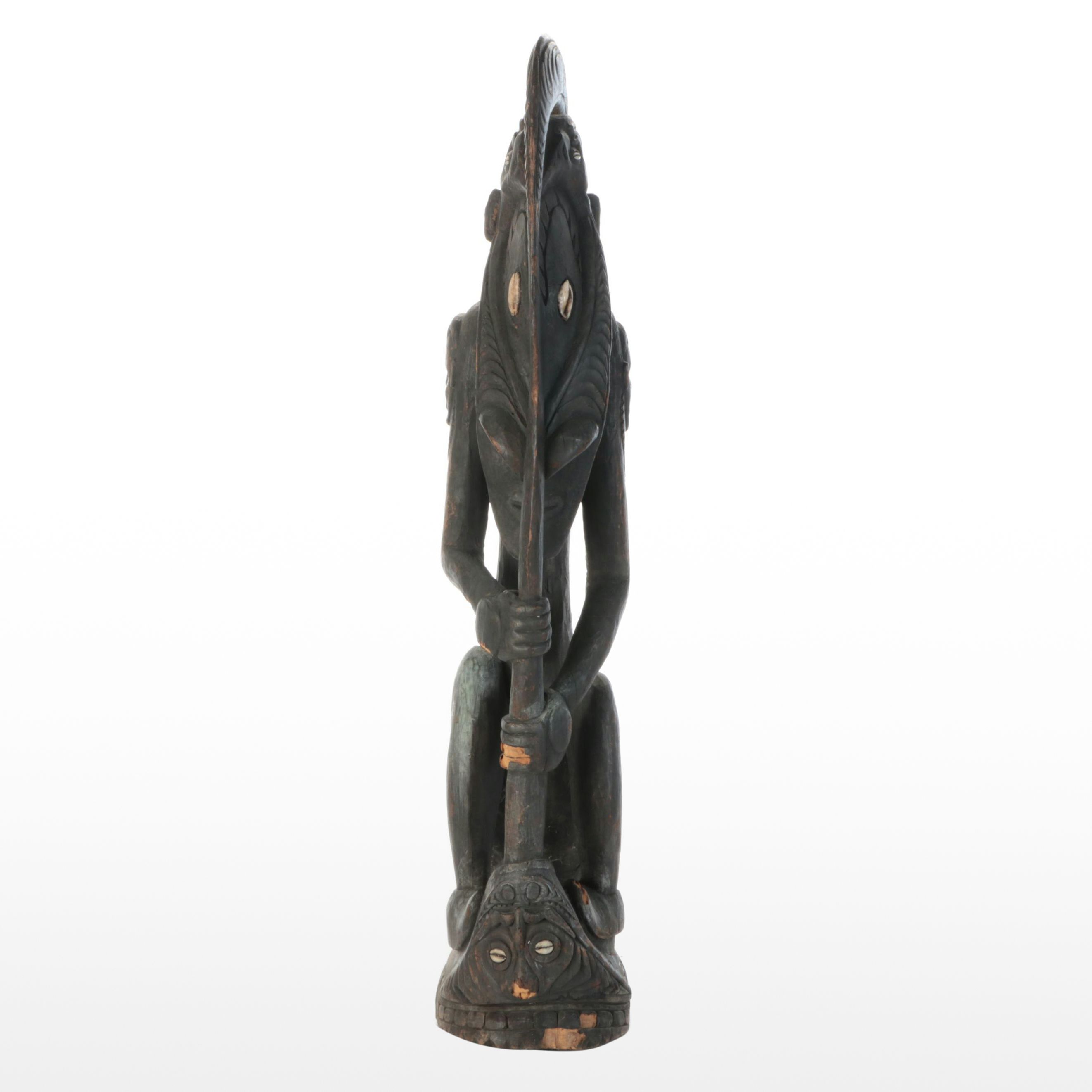 PNG Timber Totem Monitor Lizard with Catfish, Turtle and Spirit Masks Sculpture