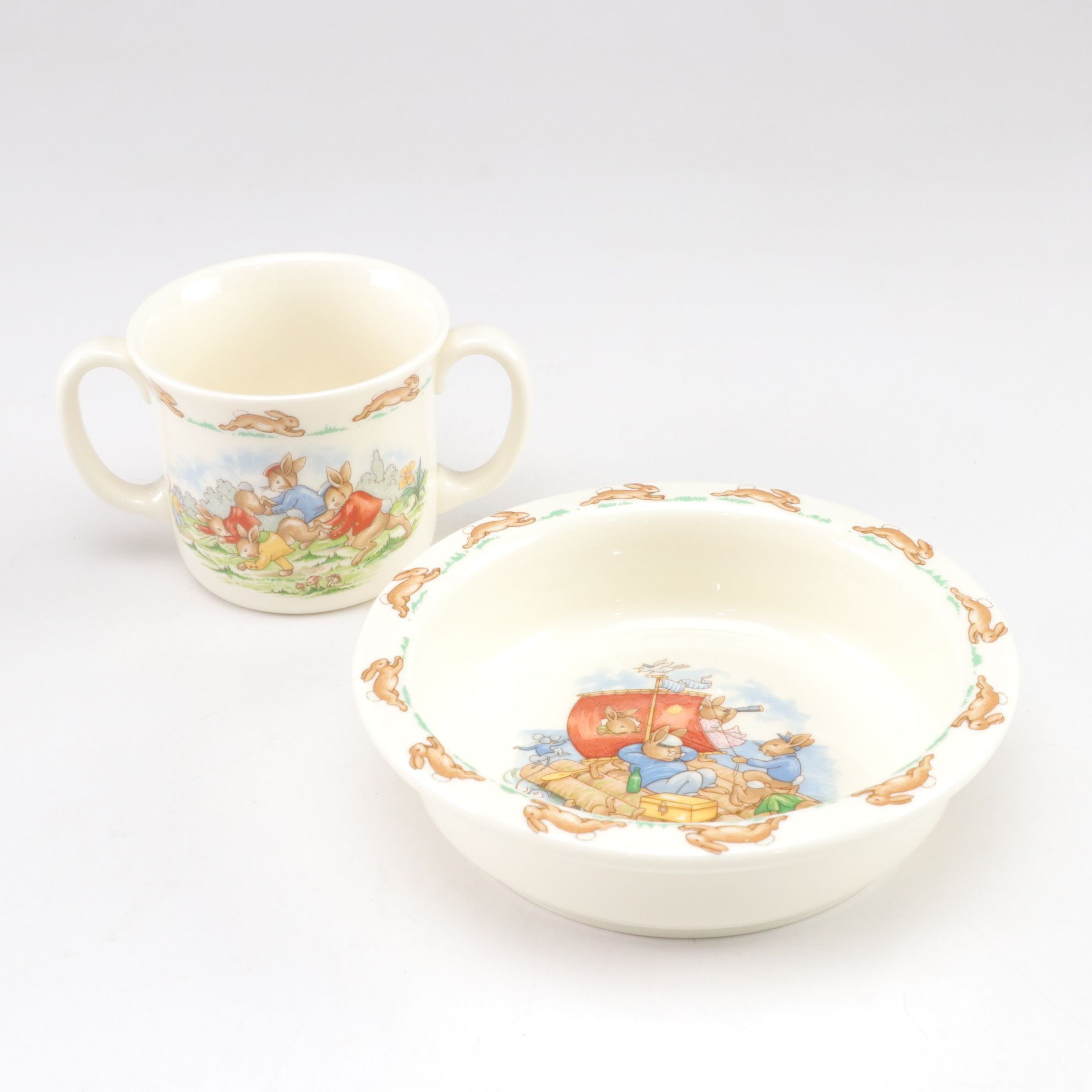 Royal Doulton "Bunnykins" Mug and Bowls with Music Box & Peter Rabbit Figurines