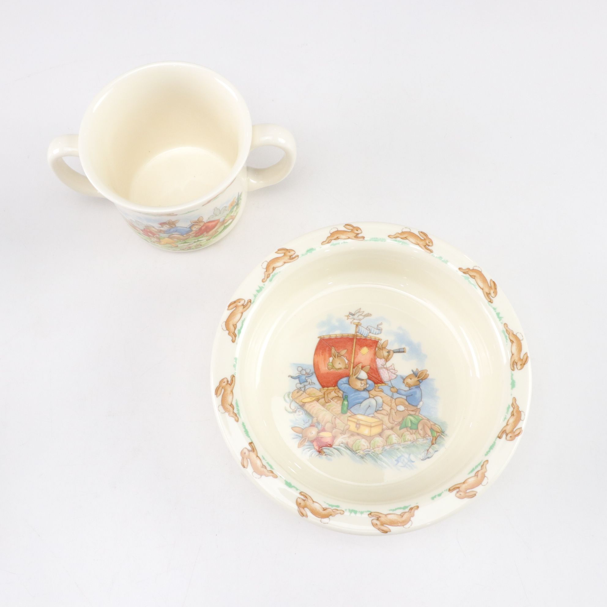 Royal Doulton "Bunnykins" Mug and Bowls with Music Box & Peter Rabbit Figurines