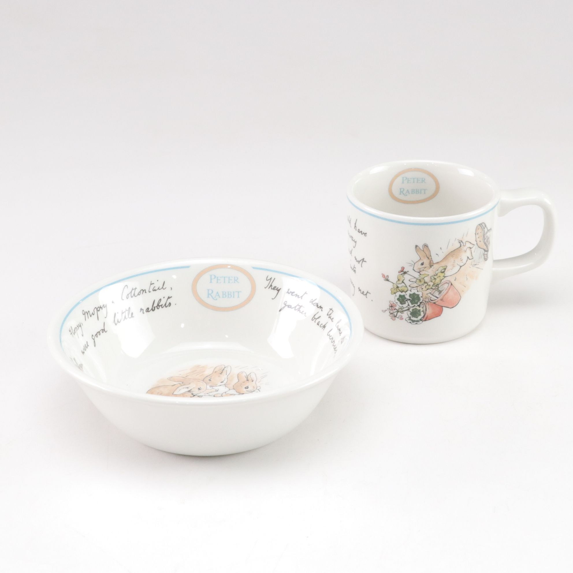 Royal Doulton "Bunnykins" Mug and Bowls with Music Box & Peter Rabbit Figurines