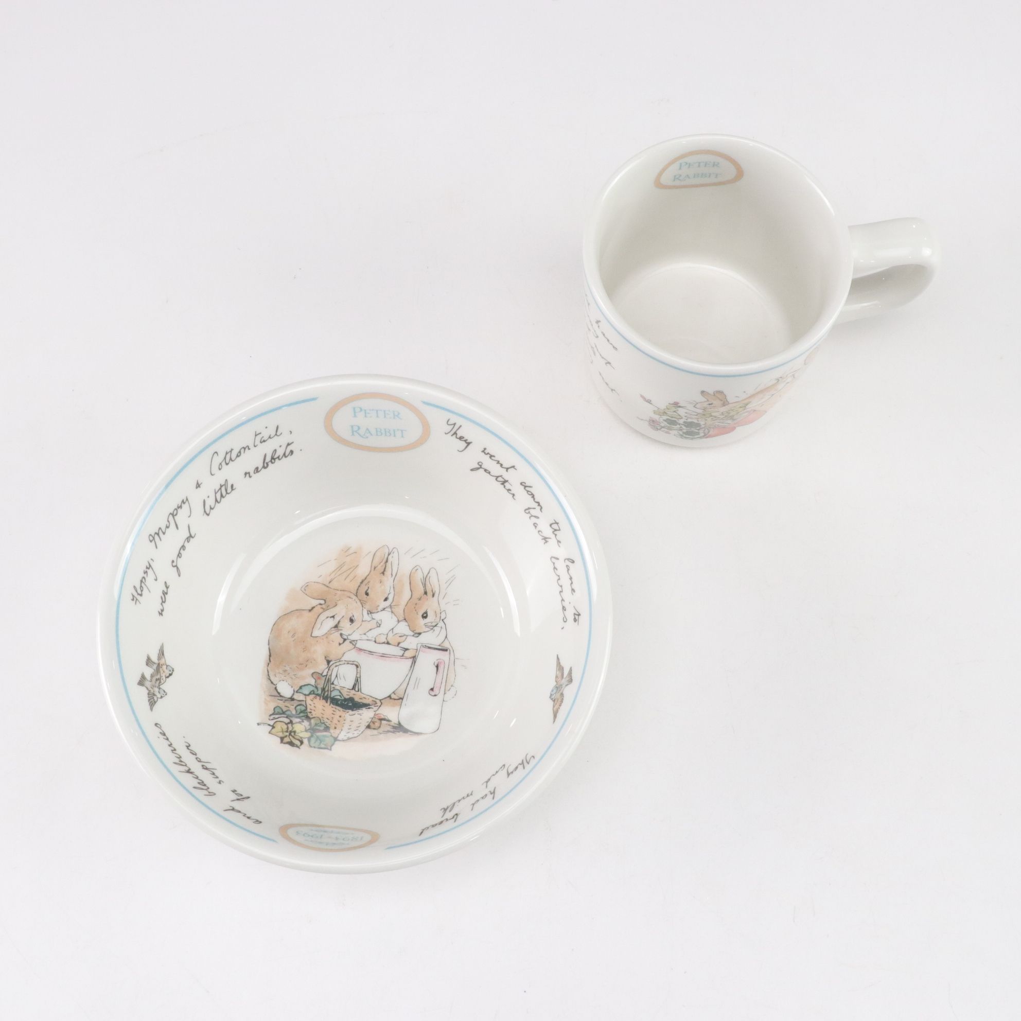 Royal Doulton "Bunnykins" Mug and Bowls with Music Box & Peter Rabbit Figurines