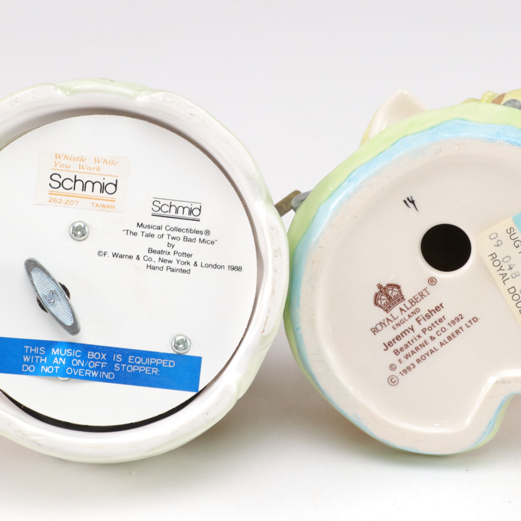 Royal Doulton "Bunnykins" Mug and Bowls with Music Box & Peter Rabbit Figurines