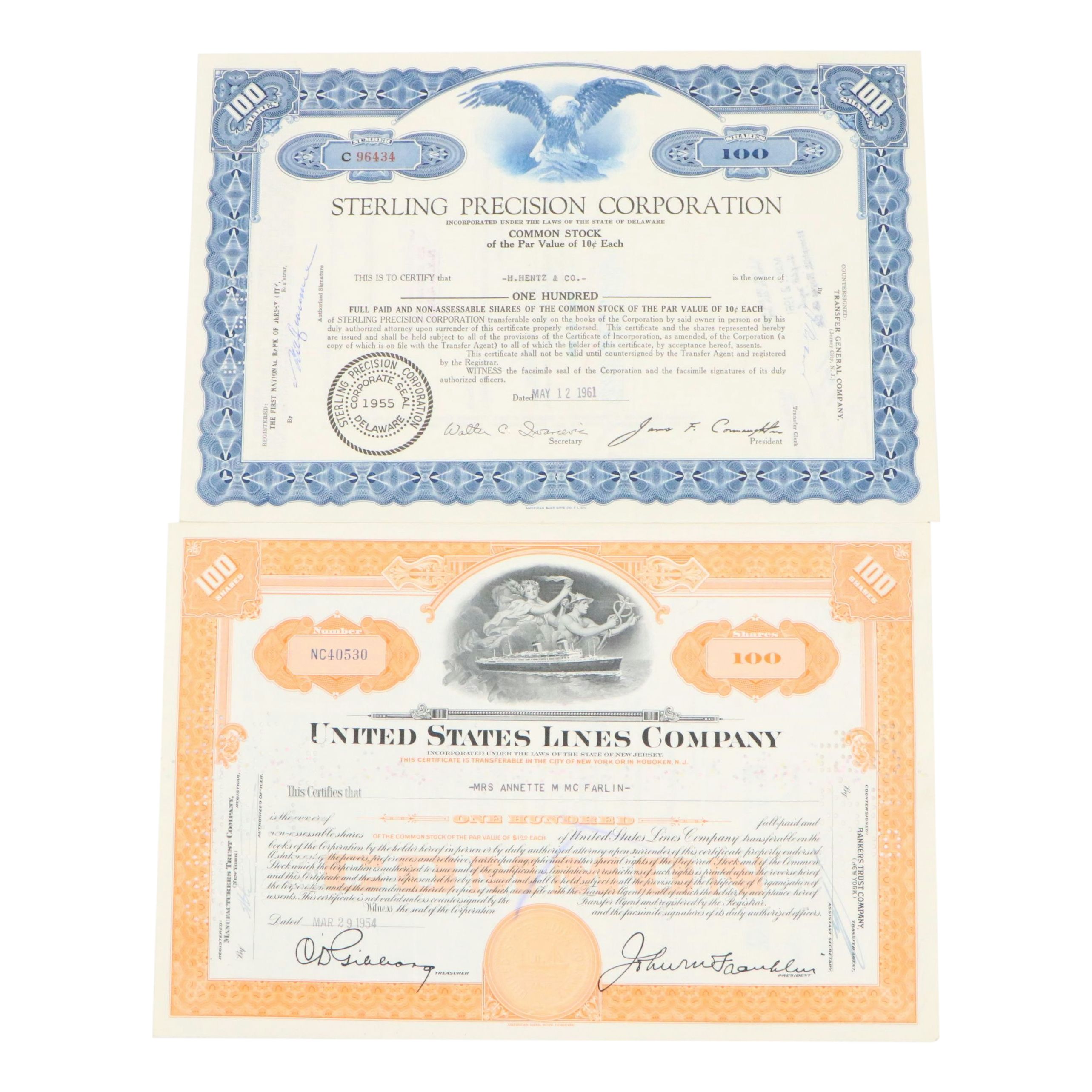 1961 Sterling Precision and 1954 United States Lines Company Stock Certificates