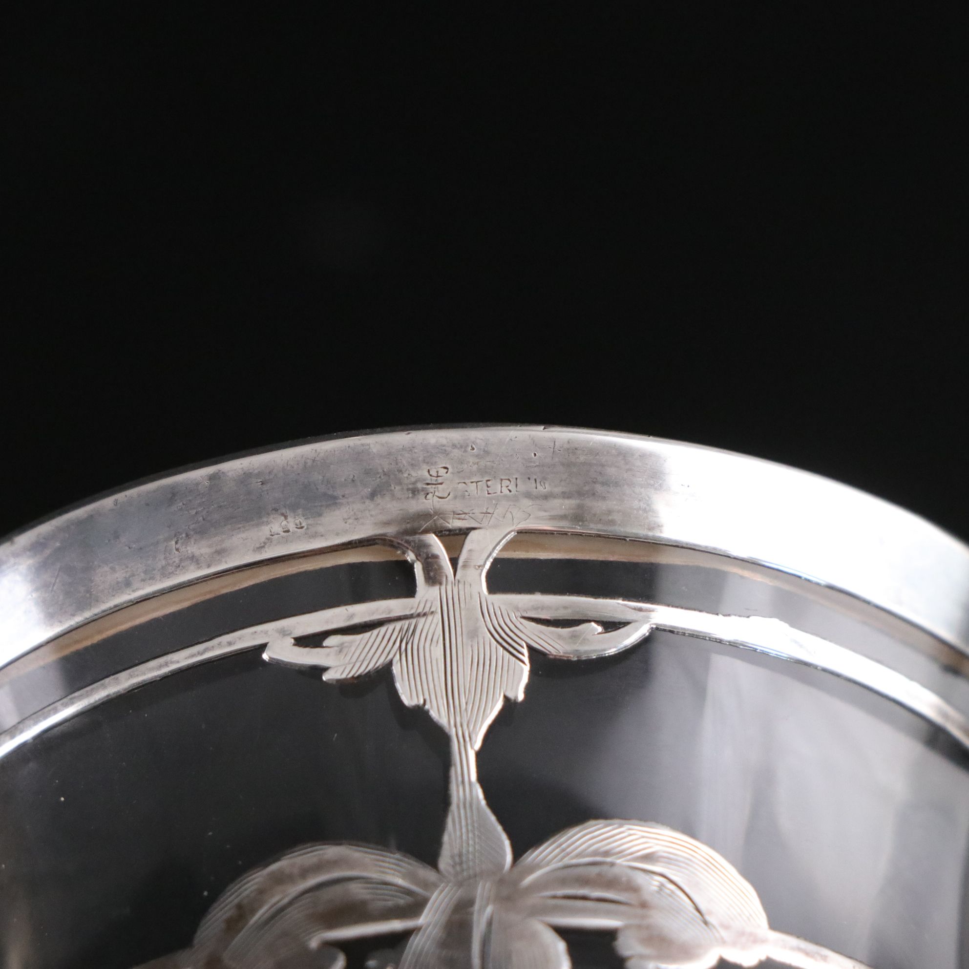 Antique Intaglio Cut Glass Pedestal Vase with Sterling Overlay