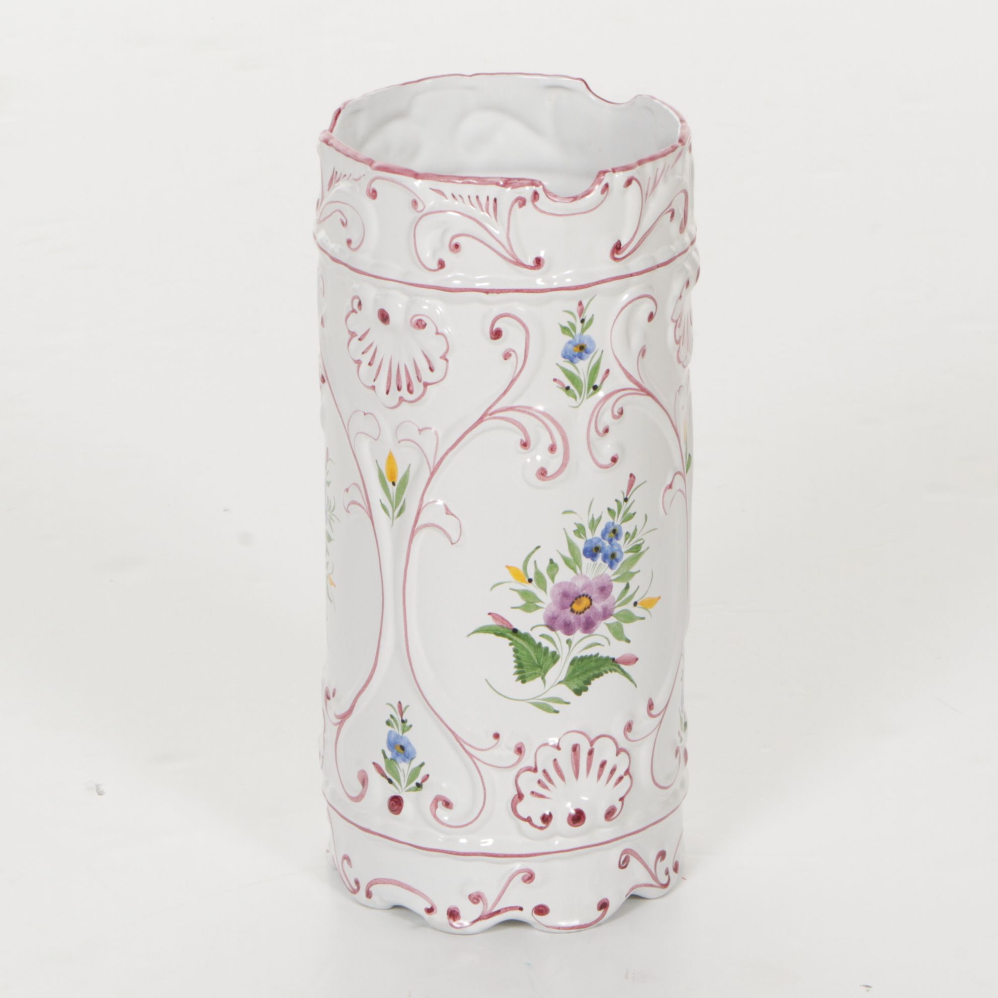Portuguese Hand-Painted Ceramic Cylinder Vase