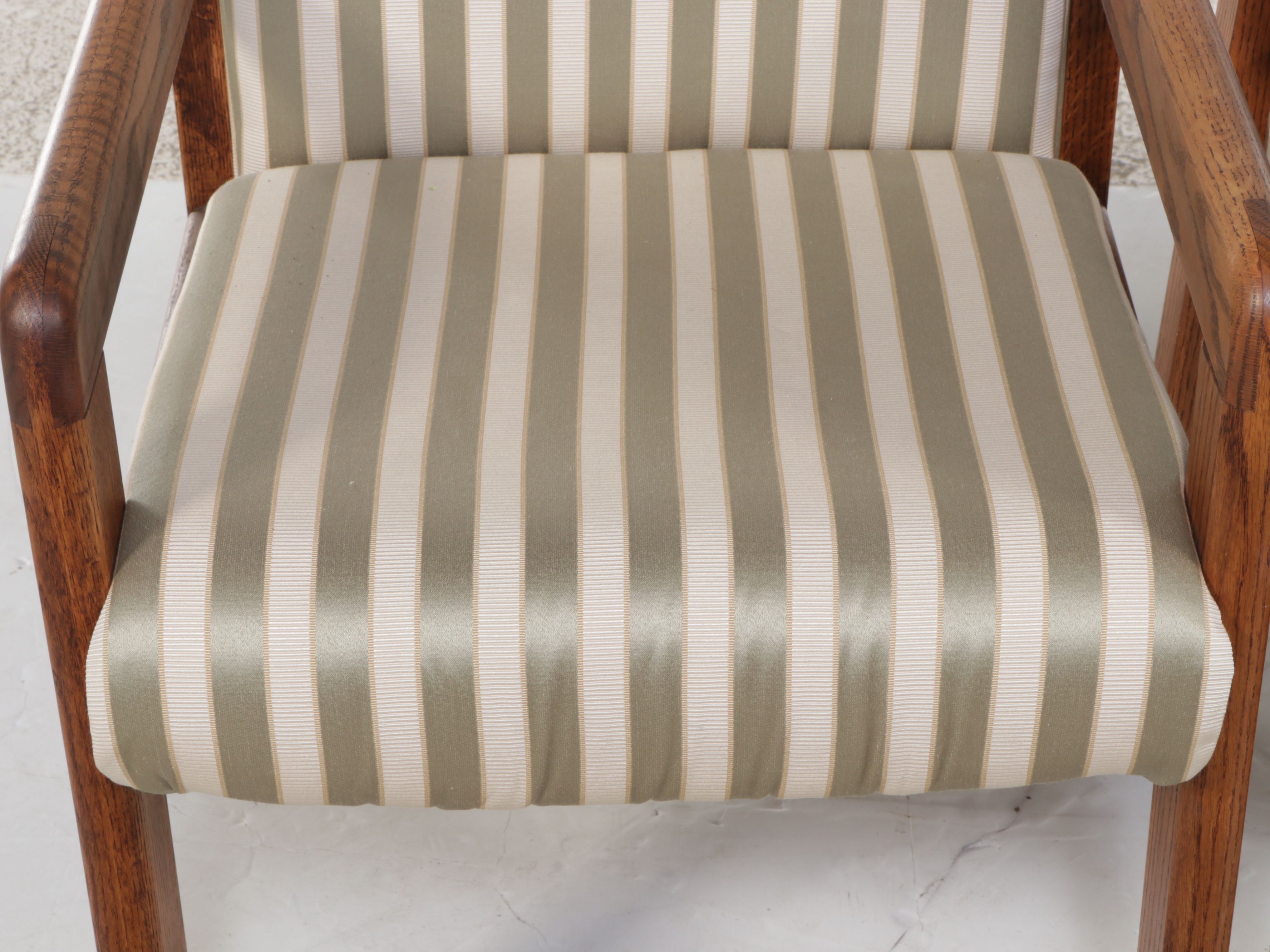 Pair of Mid Century Style Striped Upholstered Armchairs on Casters