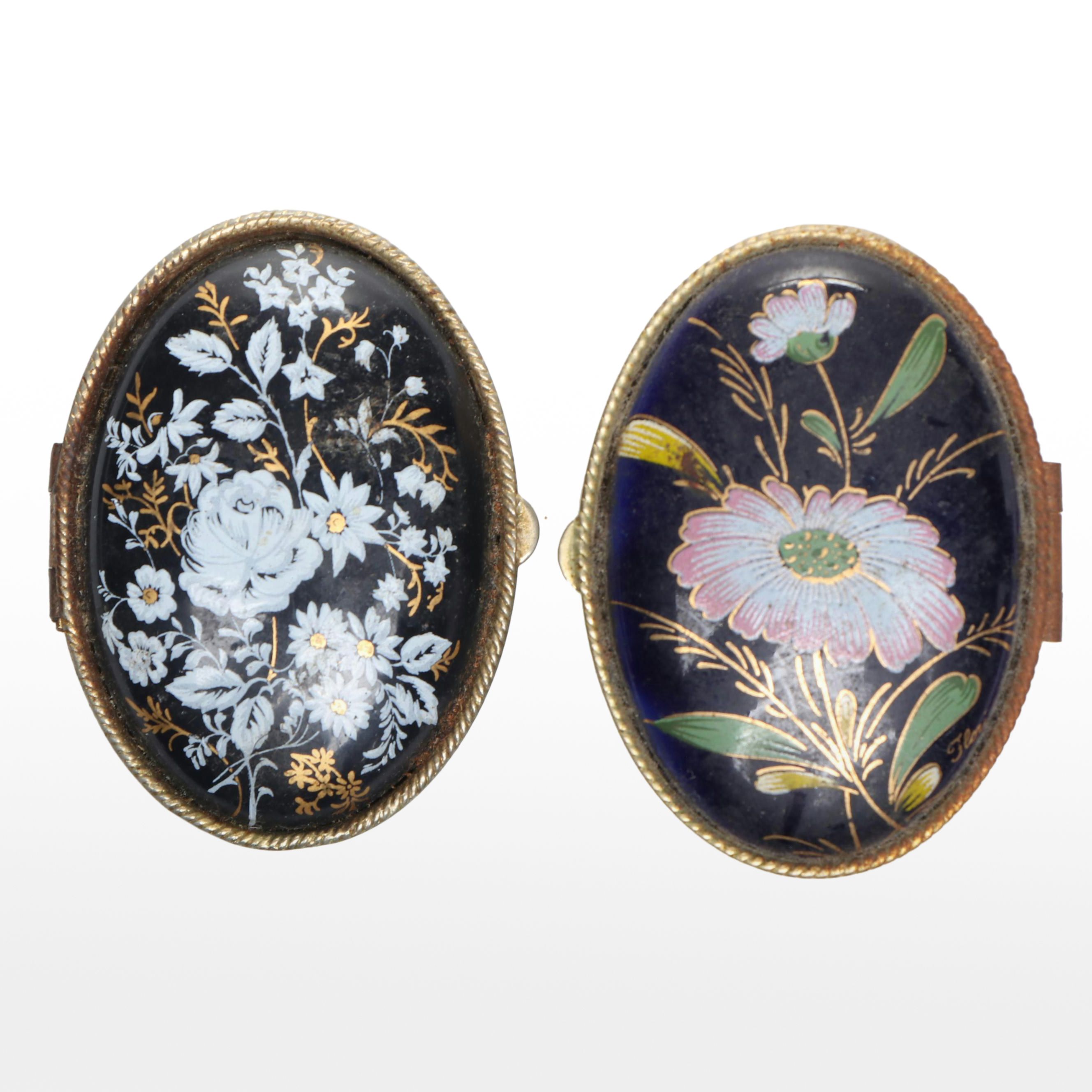 Dark Blue Floral Decorated Enamel Metal Pillboxes