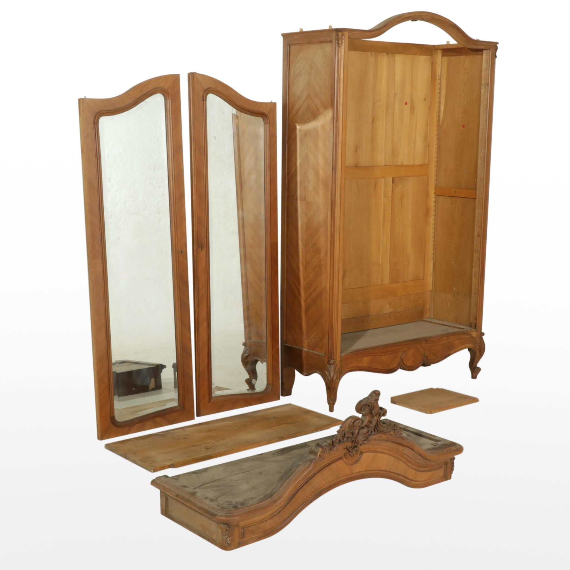 French Provincial Style Walnut Armoire Wardrobe with Mirror Doors