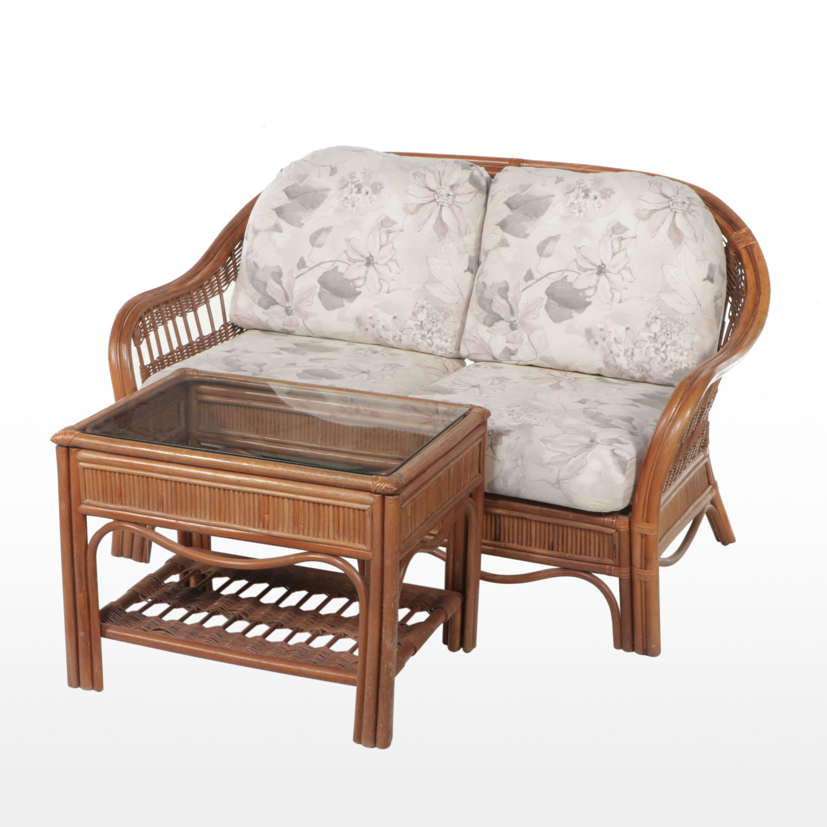 Rattan Loveseat and Side Table, Late 20th Century