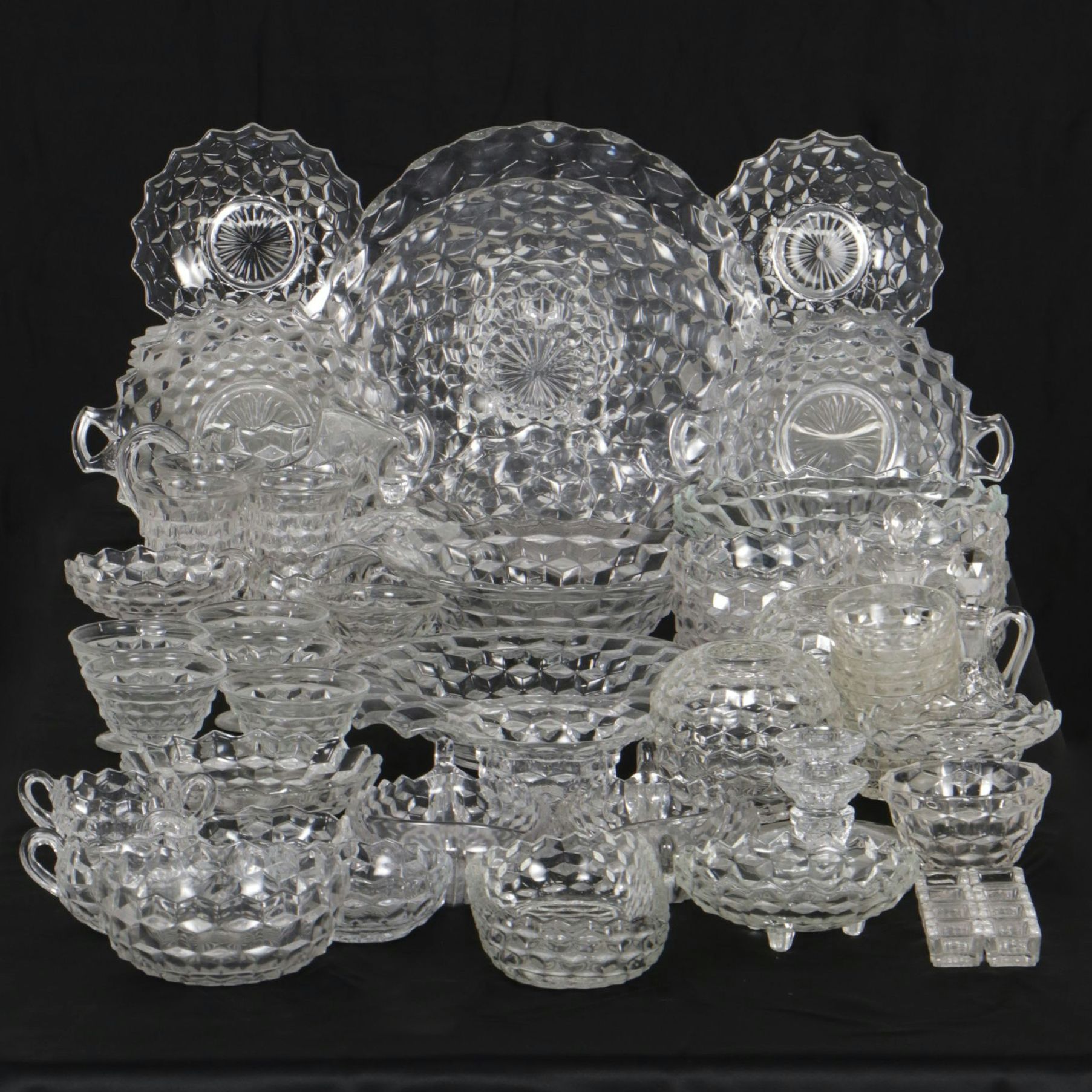 Large Fostoria "American" Glassware Collection Featuring Pair of Fairy Lamps