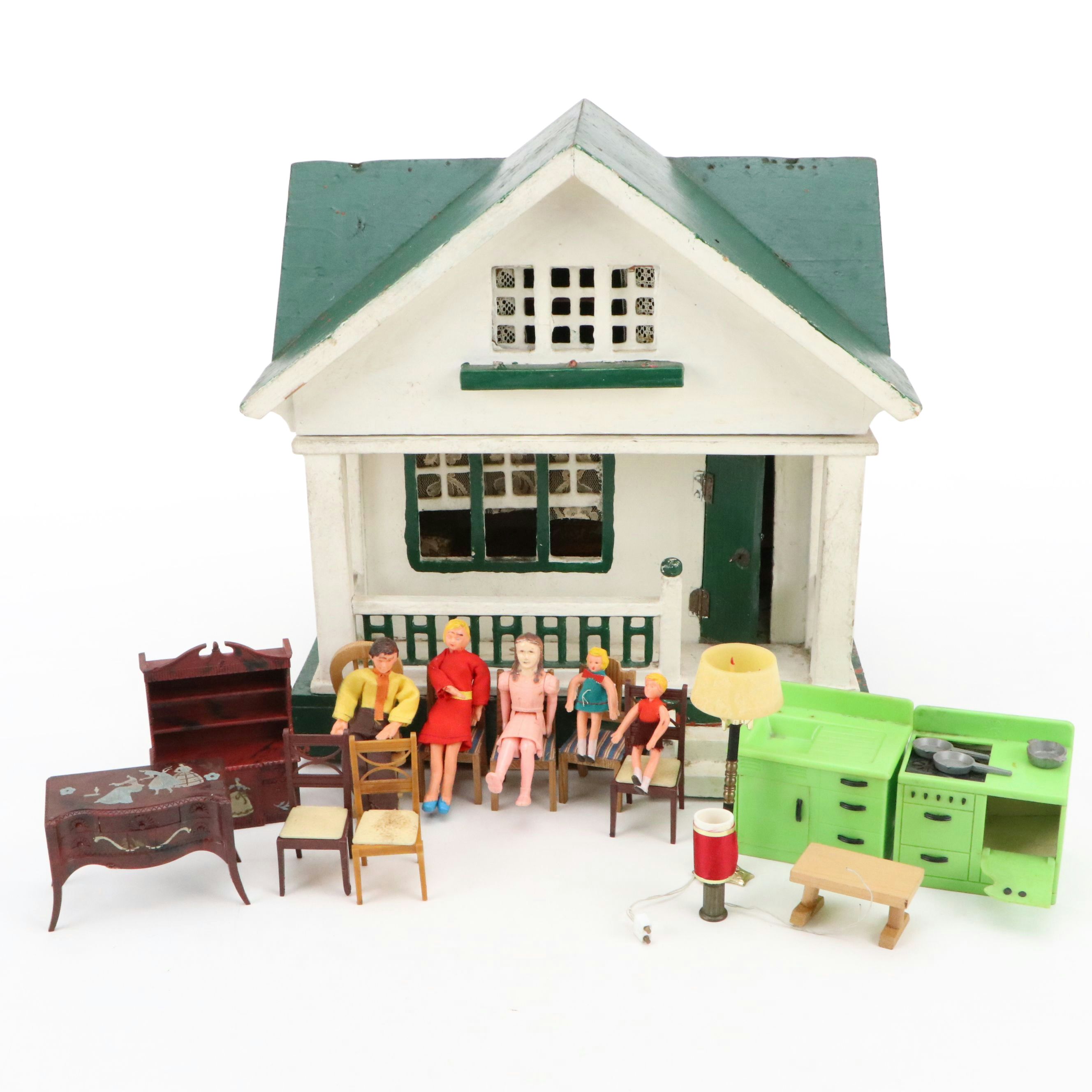 Handmade Wood Dollhouse with Figures and Furniture, Late 20th Century