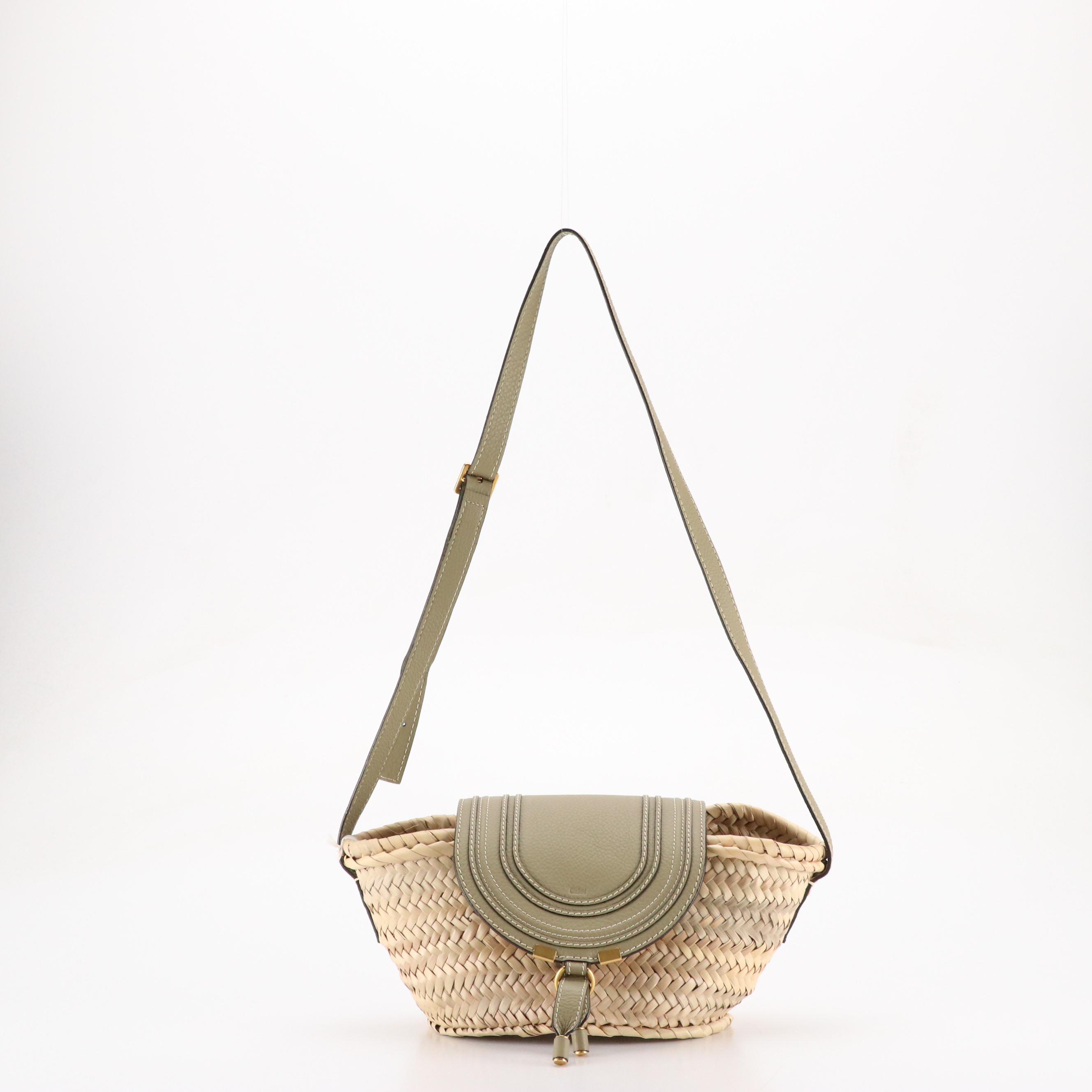 Chloé Marcie Crossbody Bag in Woven Palm Leaf and Pottery Green Calfskin, W/ Tag