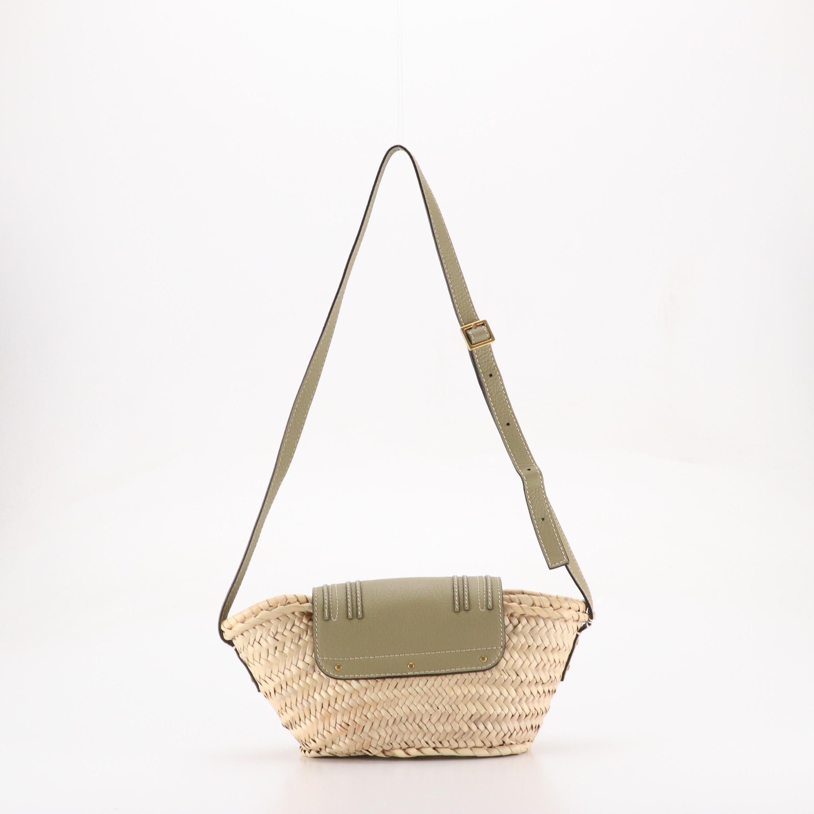Chloé Marcie Crossbody Bag in Woven Palm Leaf and Pottery Green Calfskin, W/ Tag