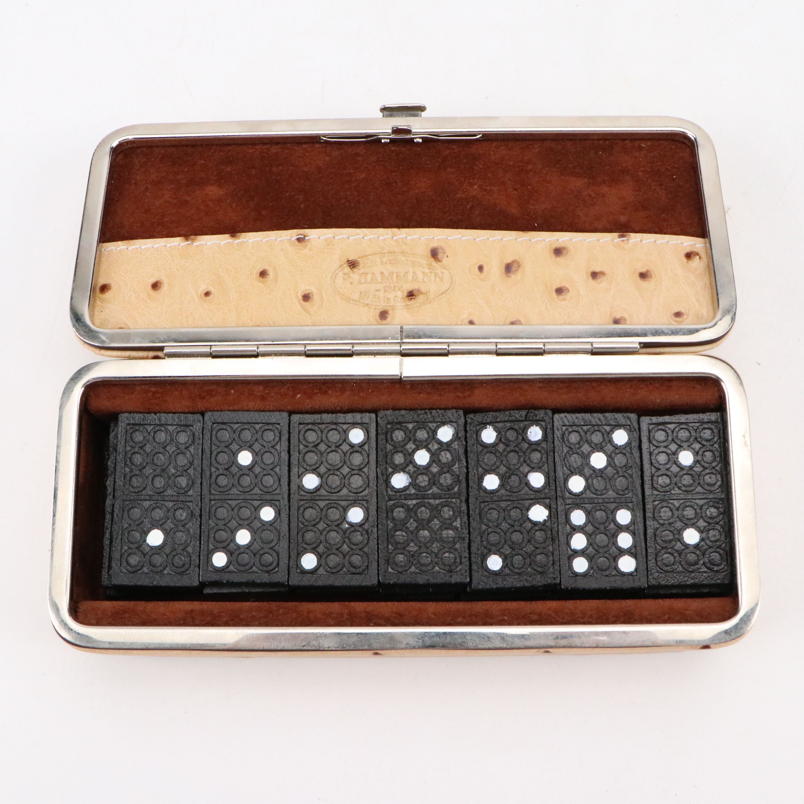 F. Hammann Dominoes Set with Ostrich Embossed Leather Case