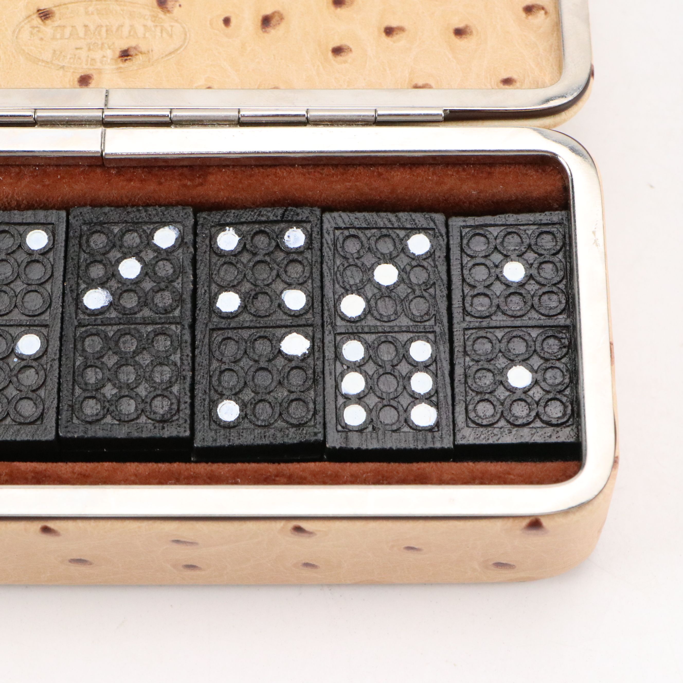 F. Hammann Dominoes Set with Ostrich Embossed Leather Case
