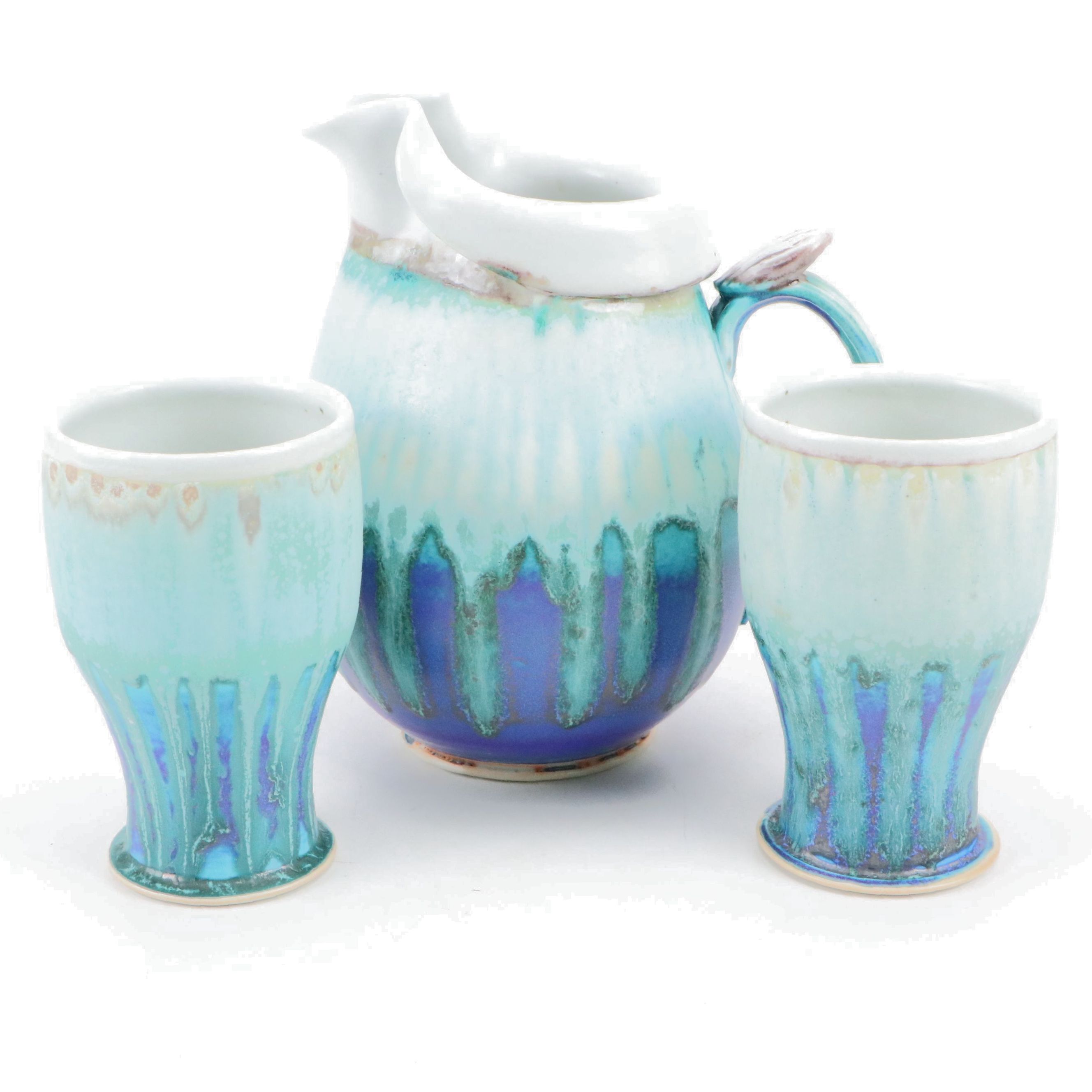 Blue Drip Glaze Porcelain Iced Water Pitcher and Tumblers
