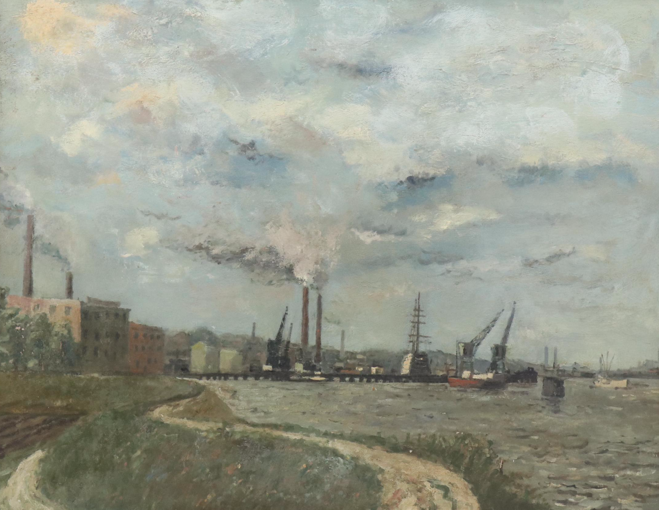 John Ash Oil Painting of Wharf, Late 20th Century
