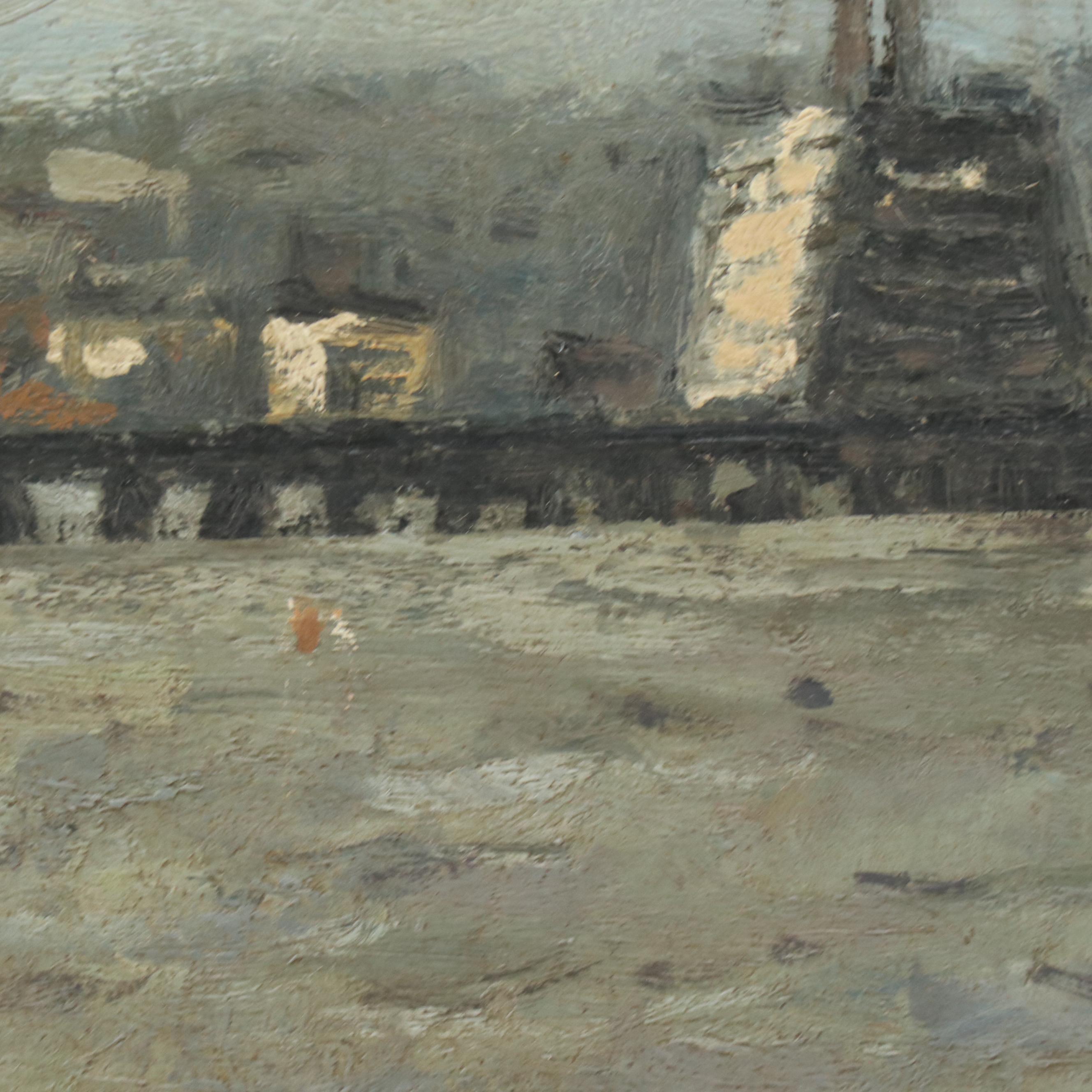 John Ash Oil Painting of Wharf, Late 20th Century