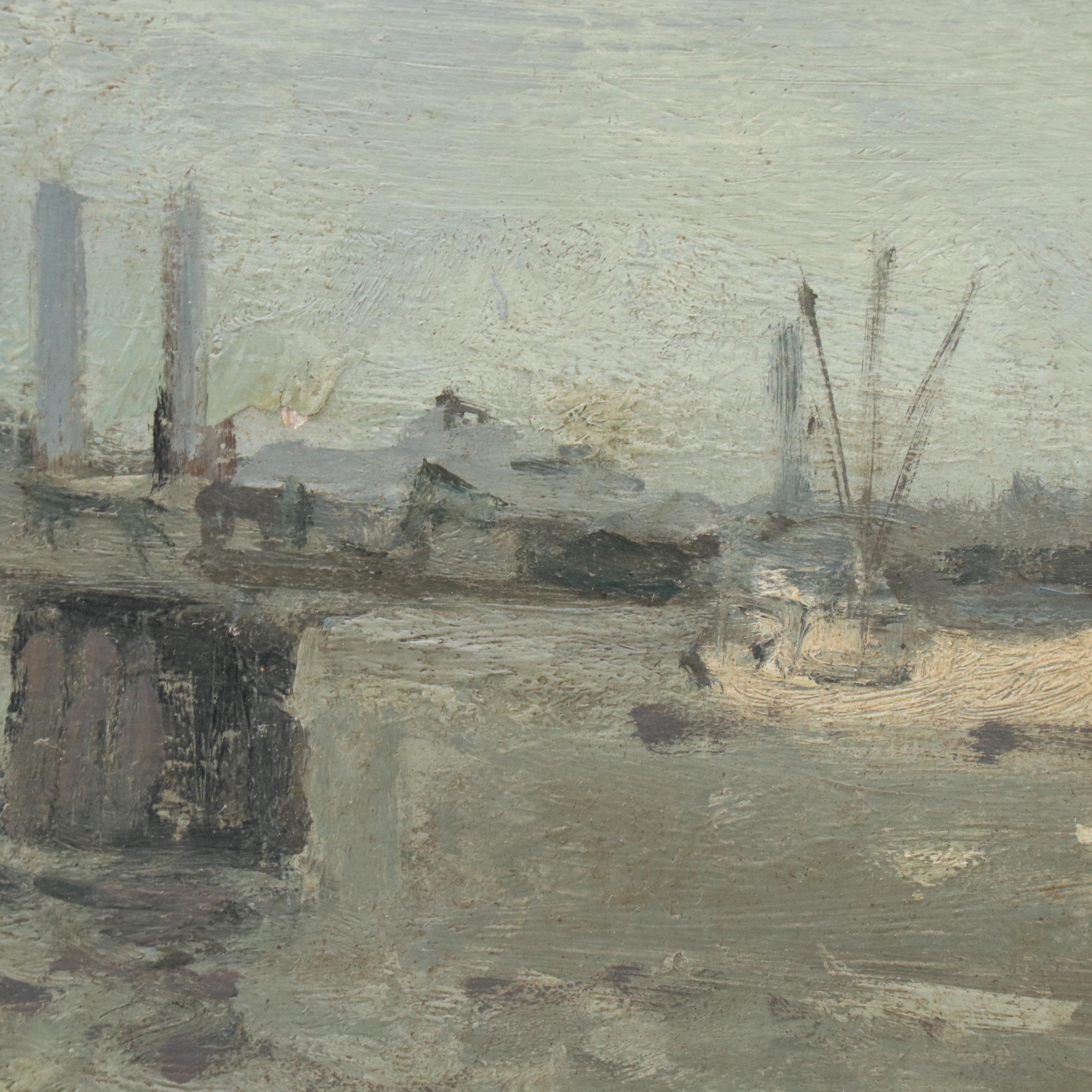 John Ash Oil Painting of Wharf, Late 20th Century