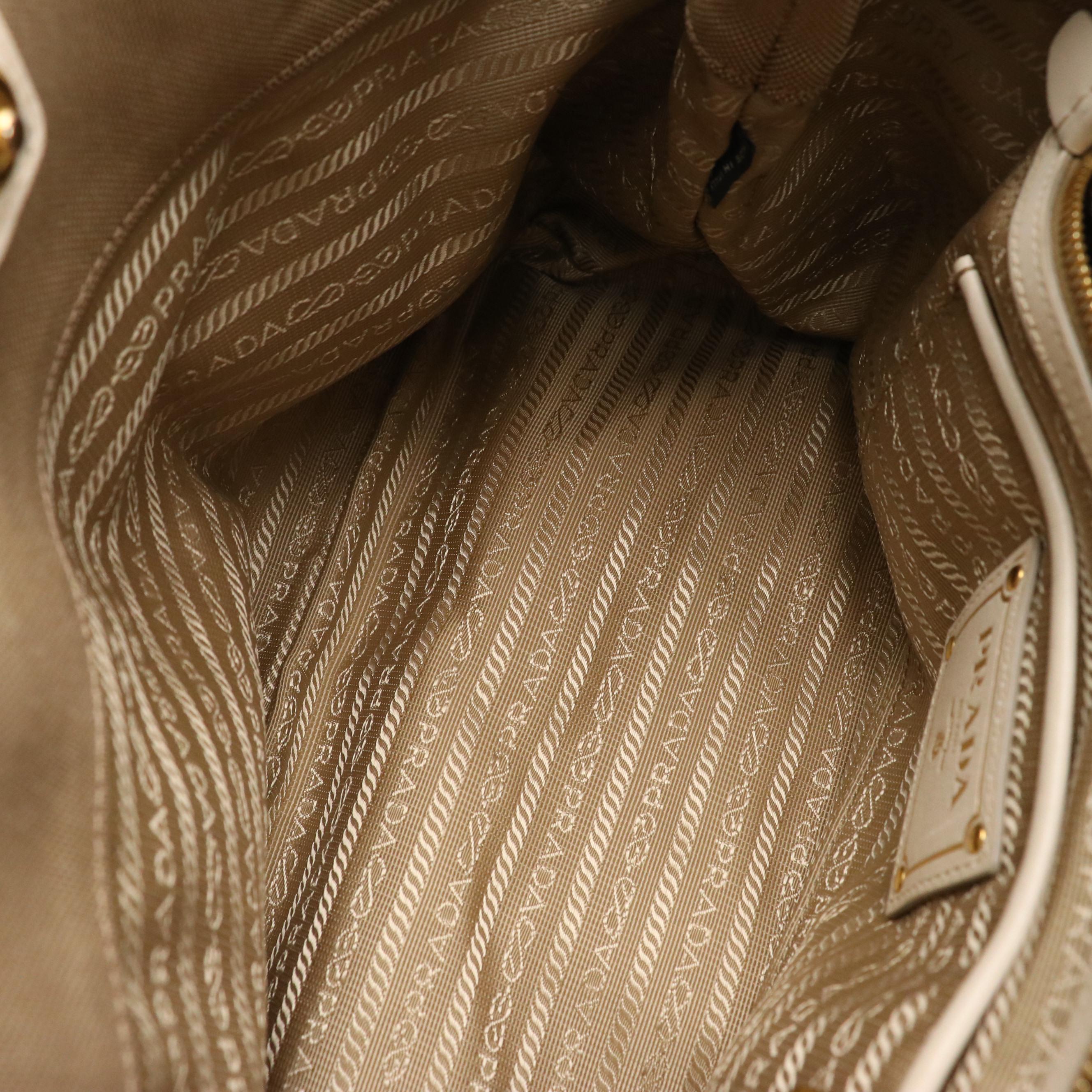 Prada Canapa Logo Two-Way Tote Bag in Beige Canvas with White Leather Trim