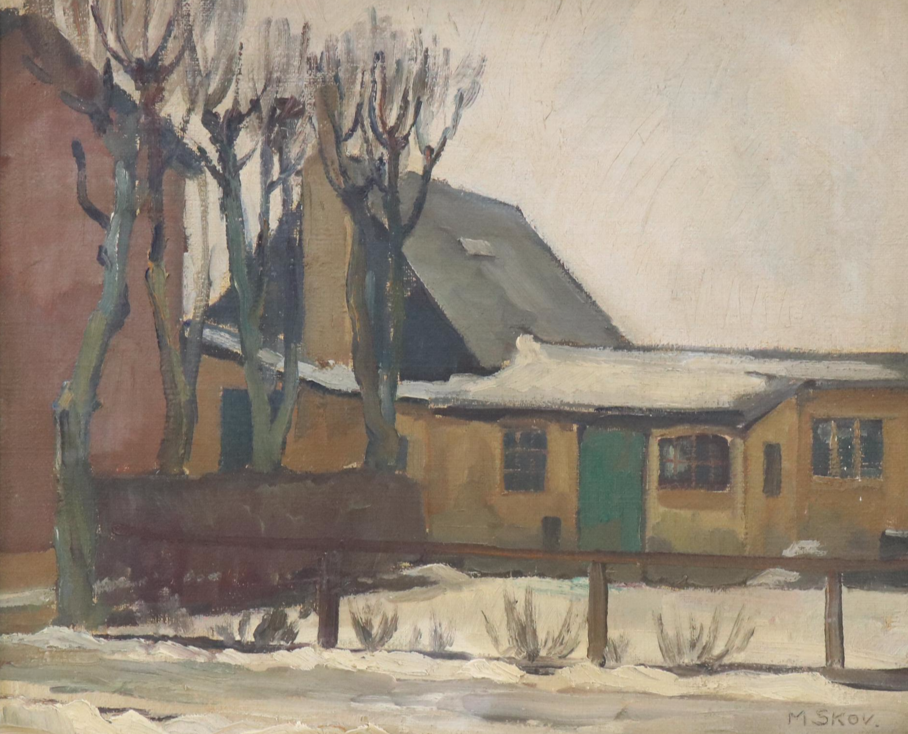 Marius Skov Oil Painting of House in Winter, Mid 20th Century