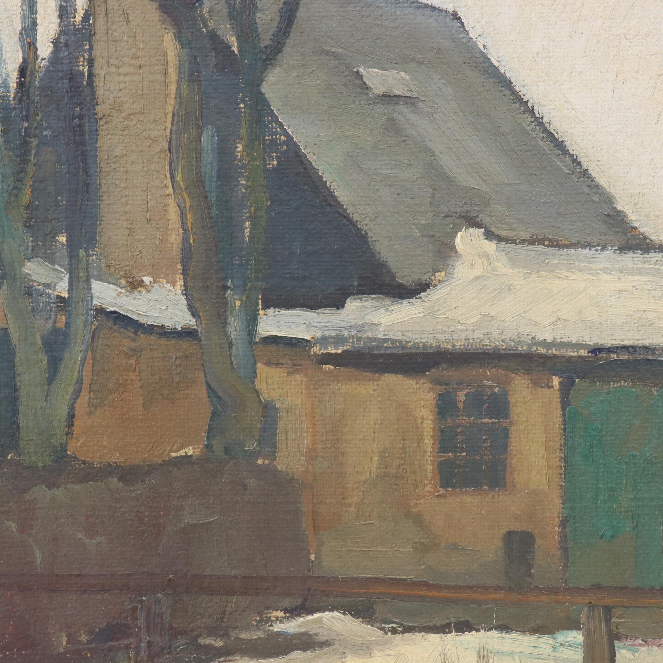 Marius Skov Oil Painting of House in Winter, Mid 20th Century