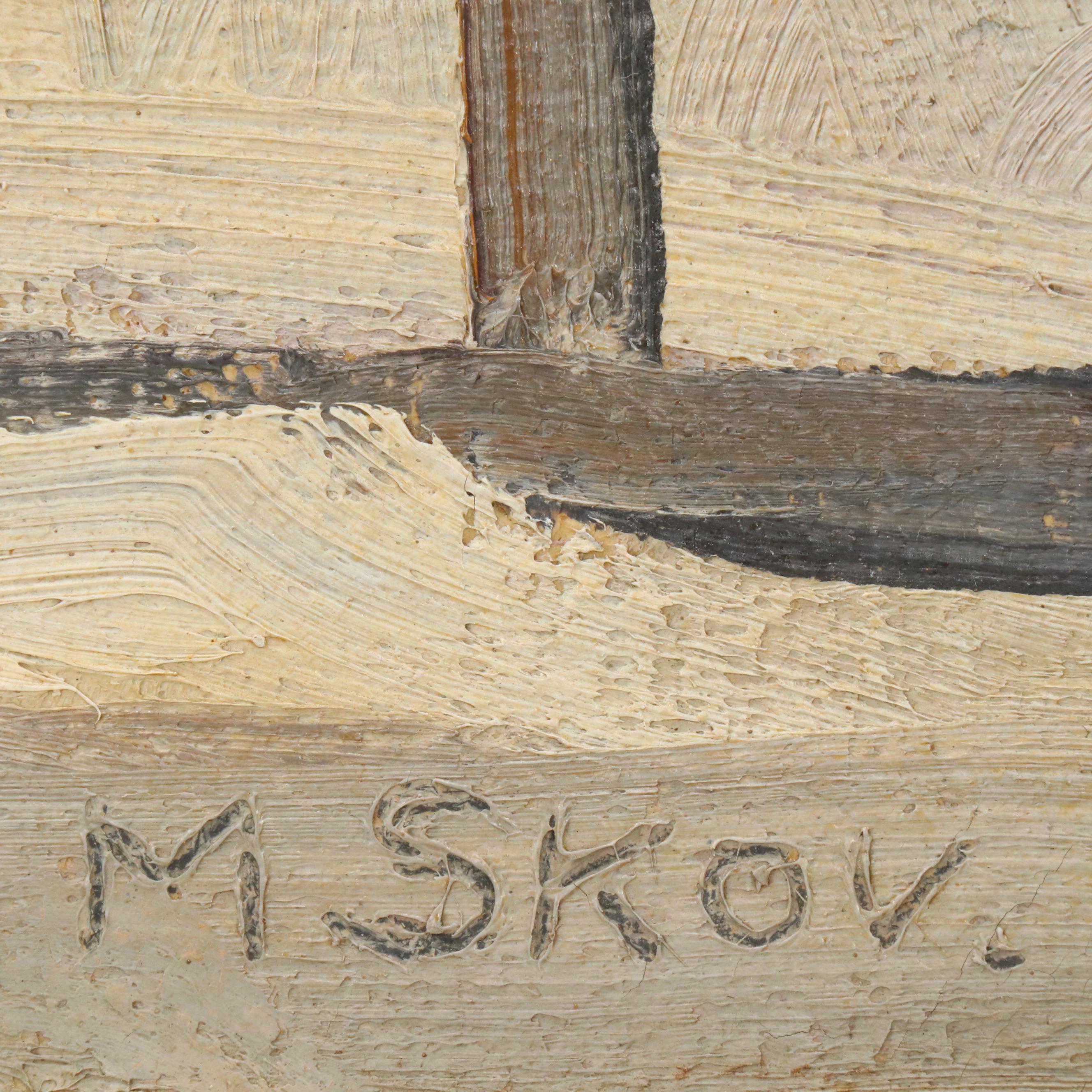 Marius Skov Oil Painting of House in Winter, Mid 20th Century