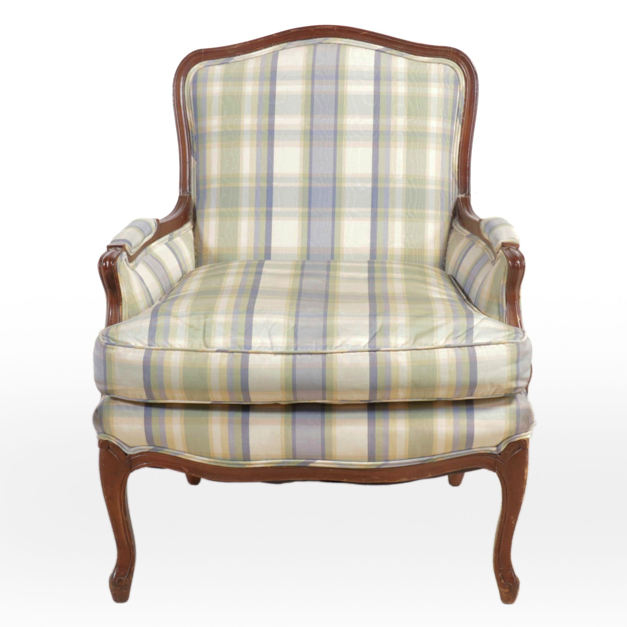 Louis XV Style Walnut and Plaid Upholstered Bergère